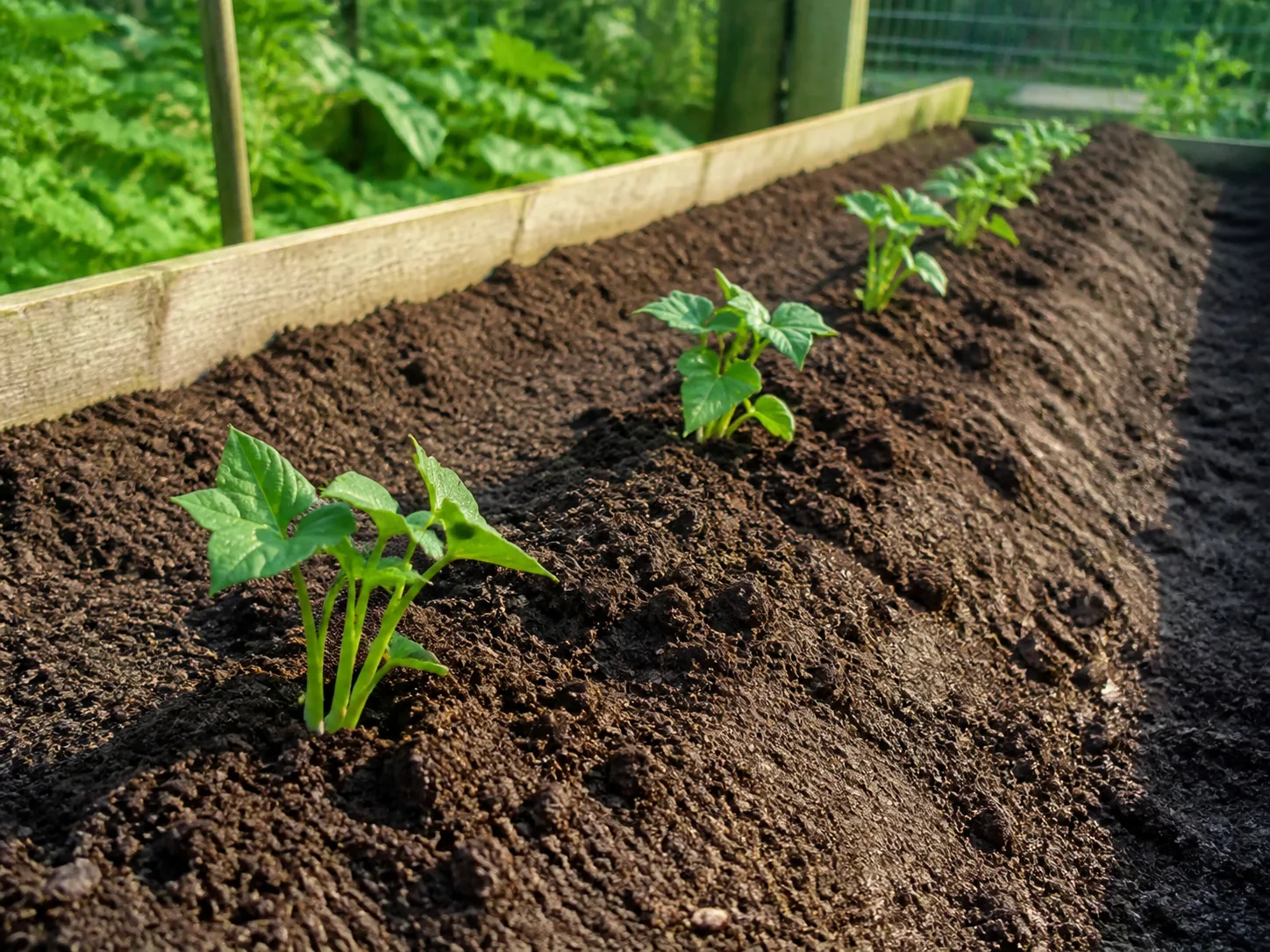 Sweet potato slips planted in warm raised-bed soil