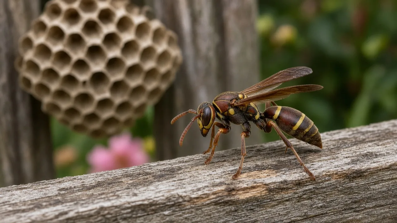 A wasp beside a papery nest in a garden