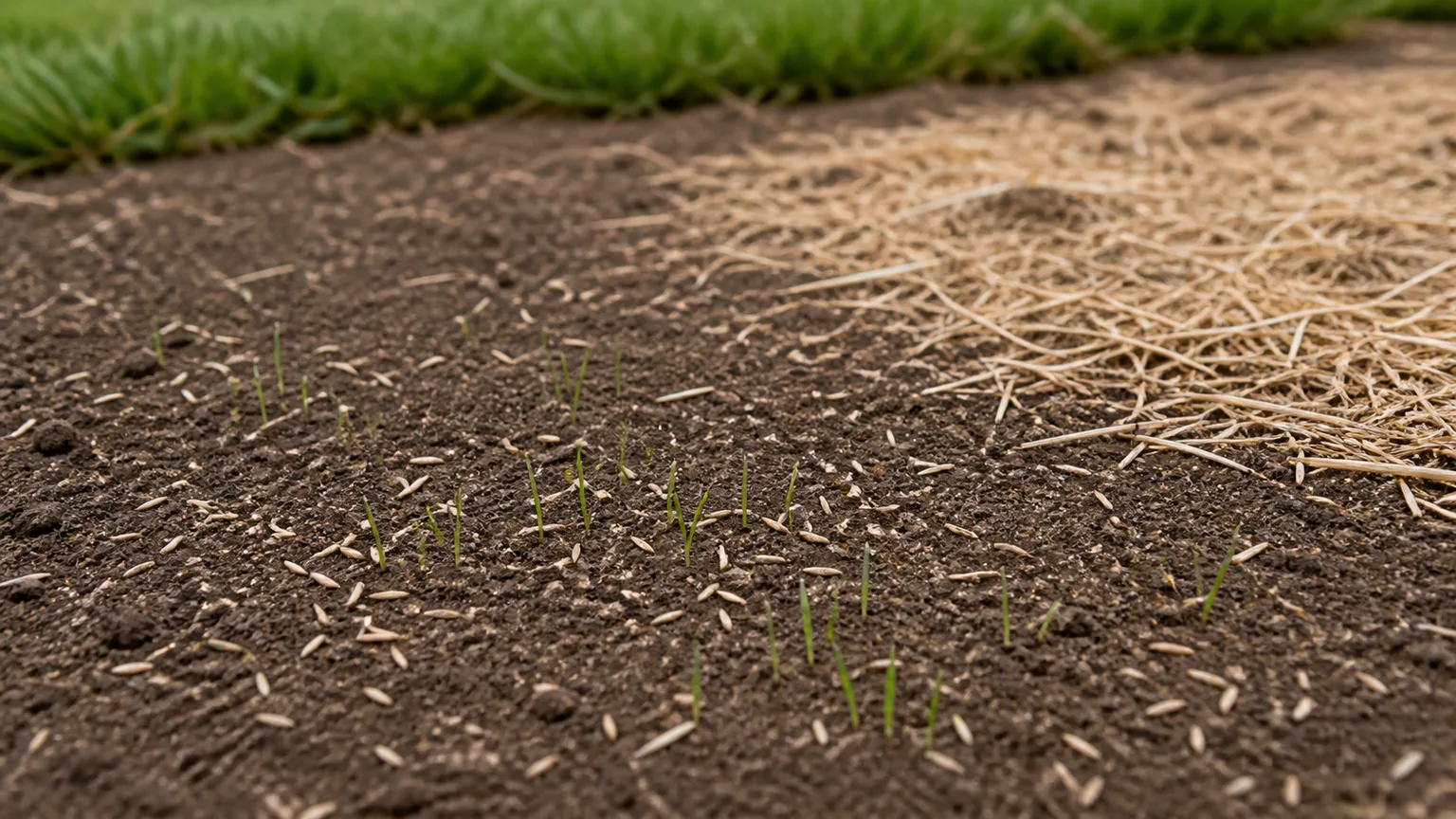 Close-up of fine green grass seedlings emerging from moist prepared soil