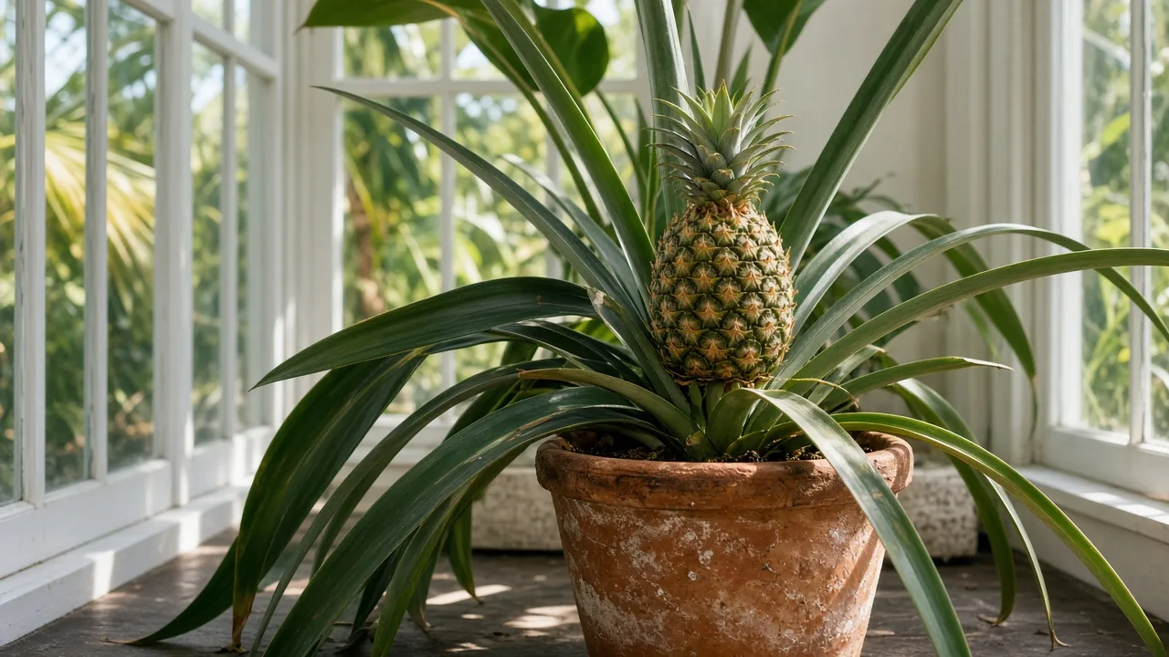 Healthy pineapple plant carrying fruit in a sunny patio container
