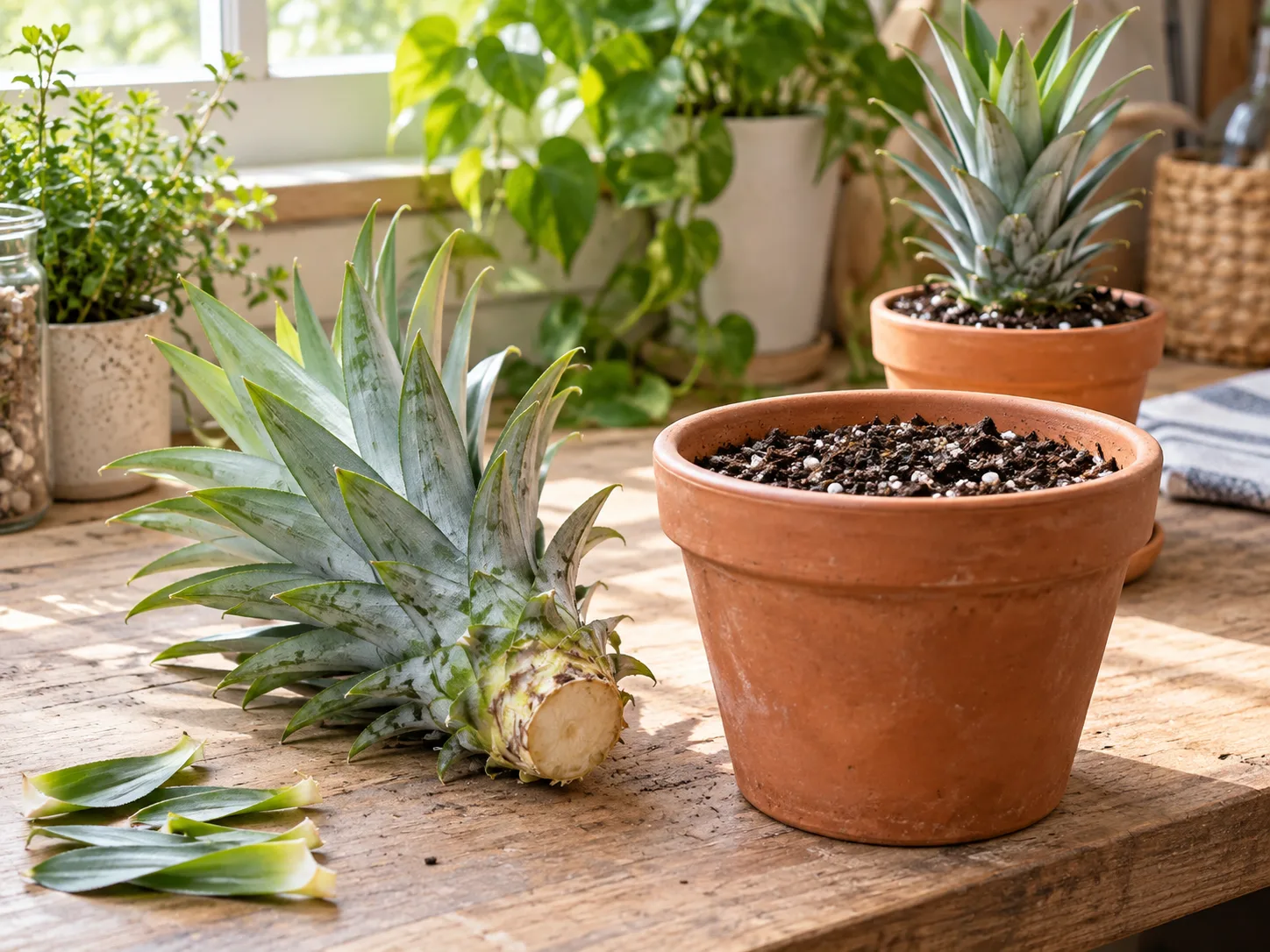 A pineapple crown prepared beside an airy potting mix and container for rooting indoors.