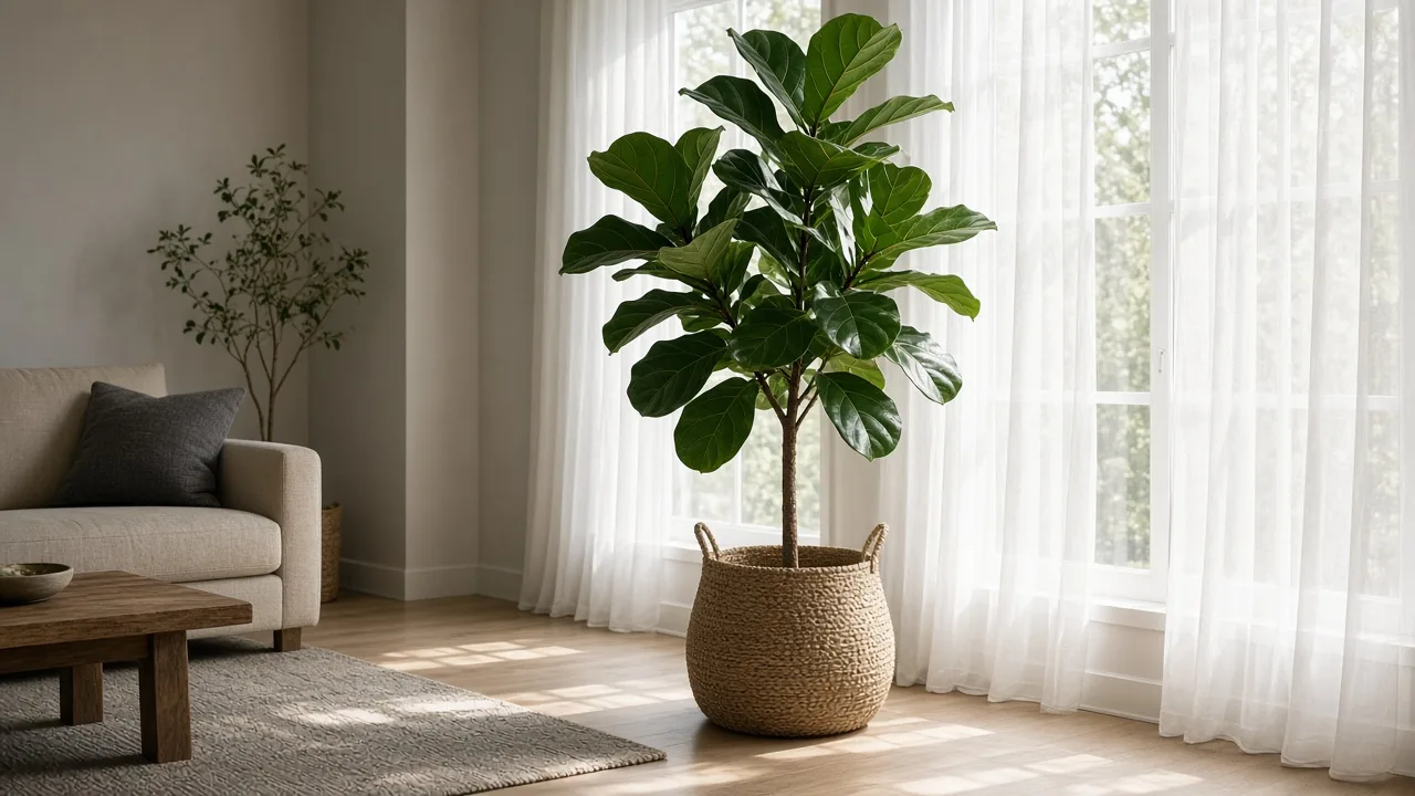 Fiddle-leaf fig with pale leaves beside a bright window