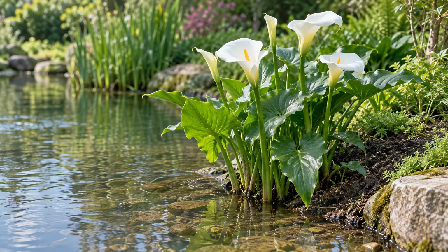 Shallow pond margin with a gentle, planted edge and stones at the waterline