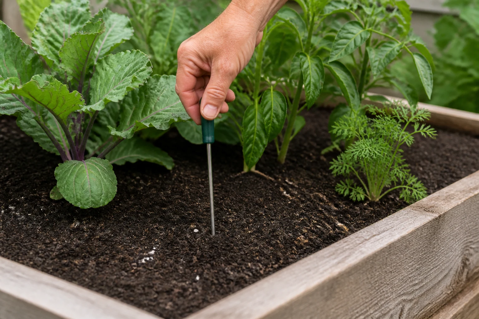 A soil moisture probe checking a vegetable bed before watering