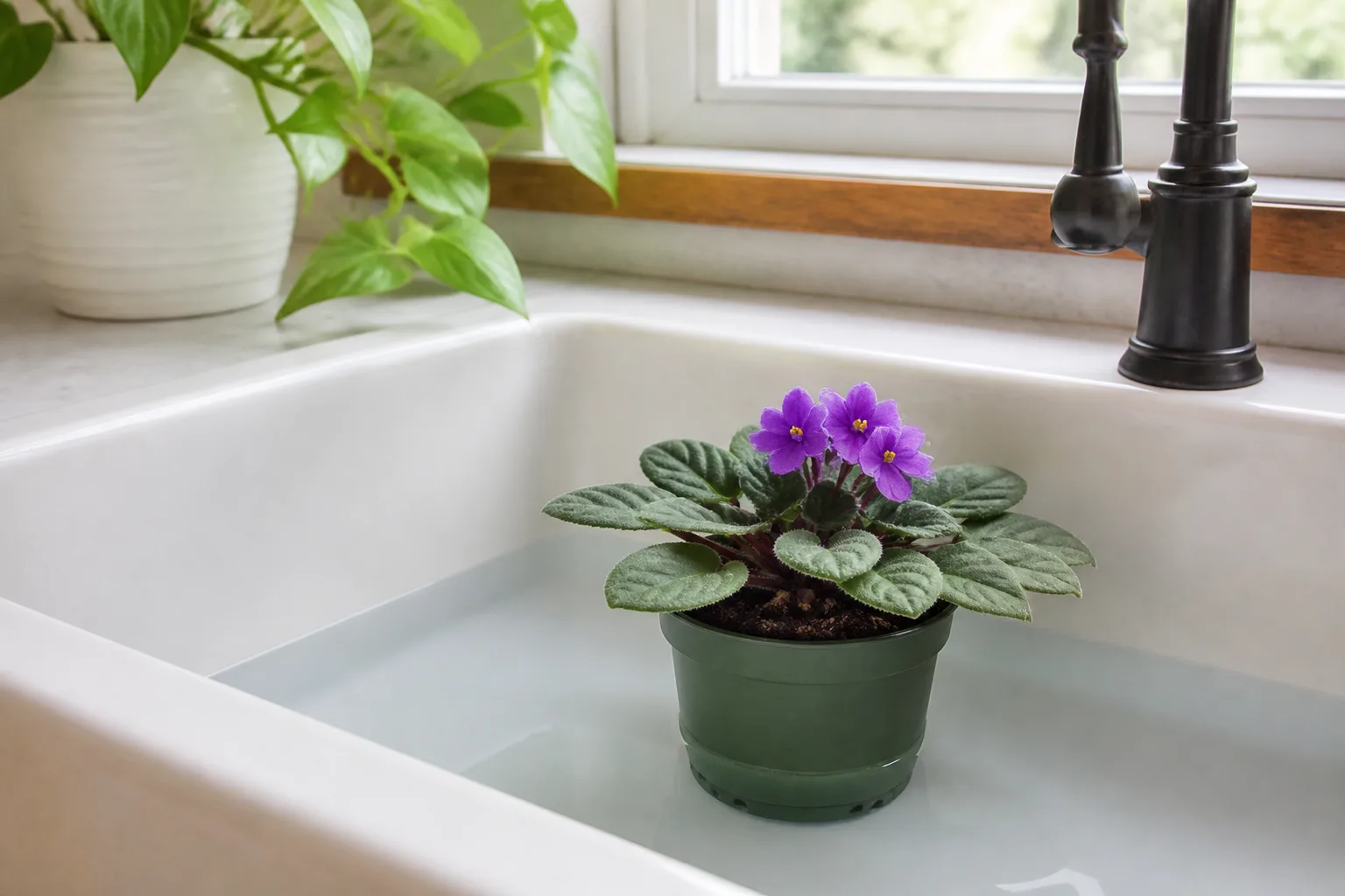 African violet nursery pot bottom watering in a kitchen sink with water halfway up the pot sides