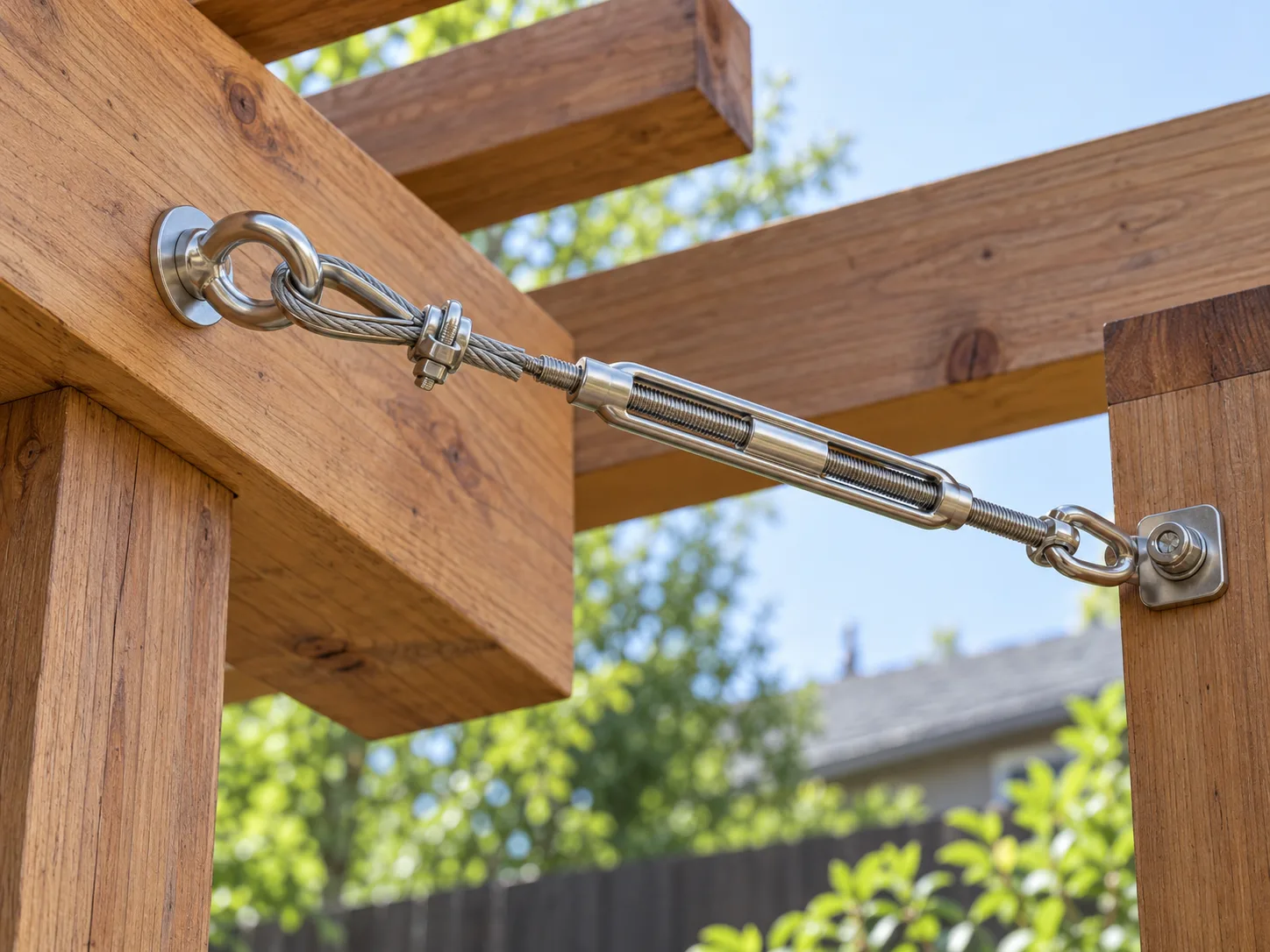 Outdoor-rated wire-rope end hardware and a turnbuckle attached at a pergola beam.