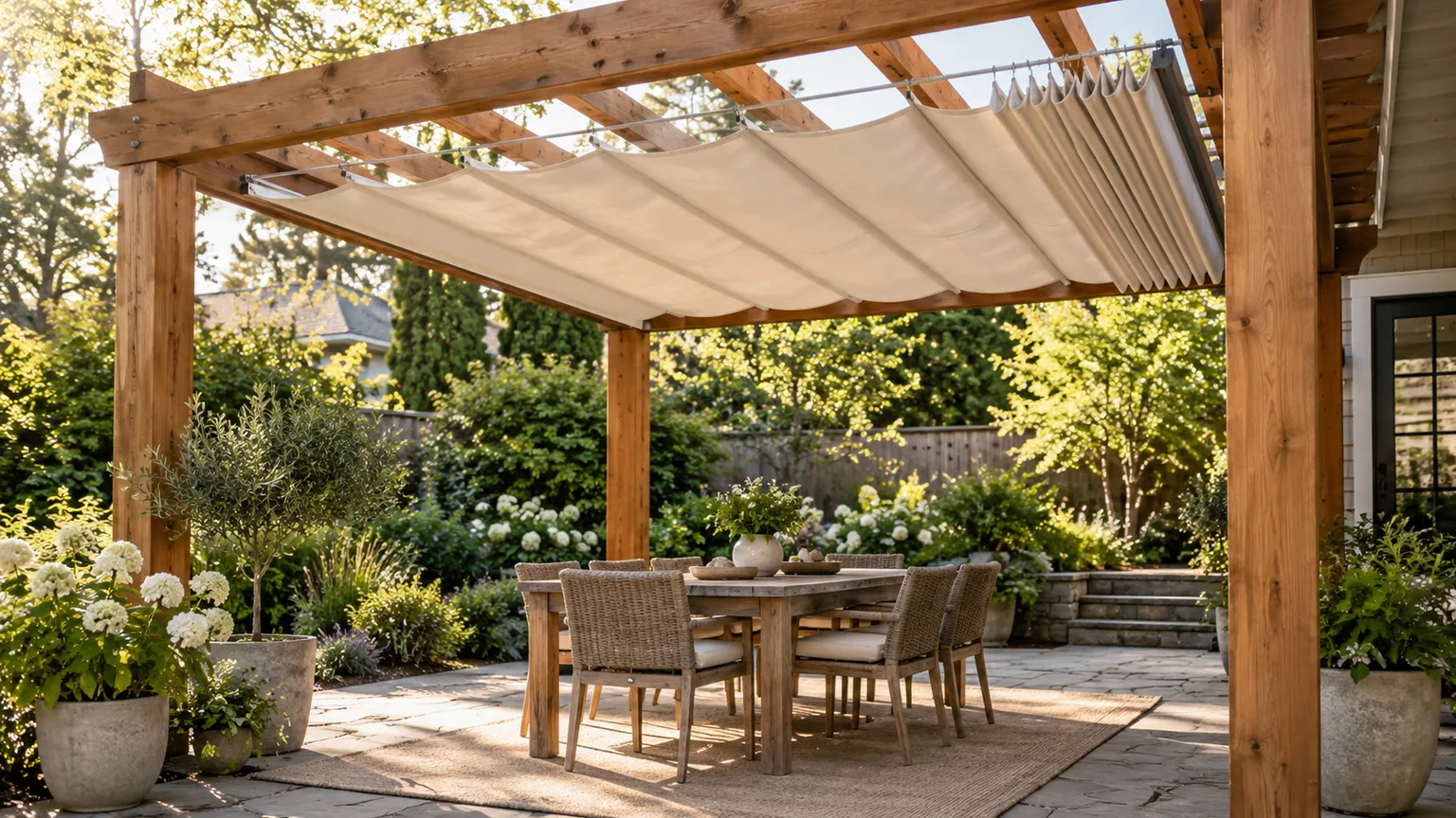 A cream retractable canopy sliding beneath a cedar pergola over a backyard patio