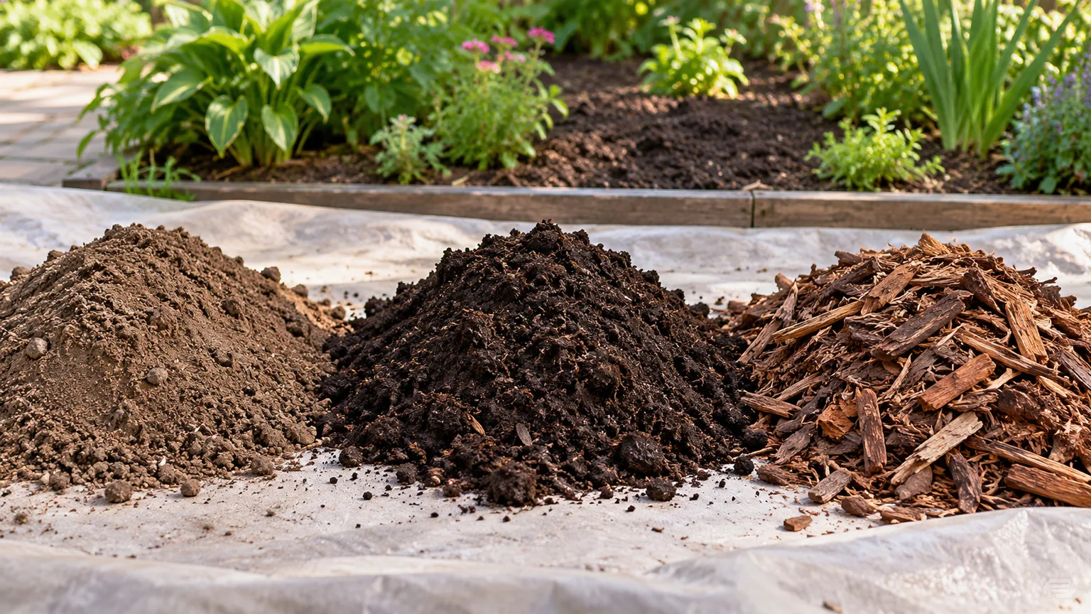 Piles of screened topsoil and compost prepared for a lawn amendment project