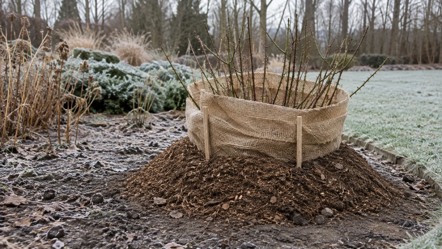 A dormant rose with its graft union protected by a soil and mulch mound
