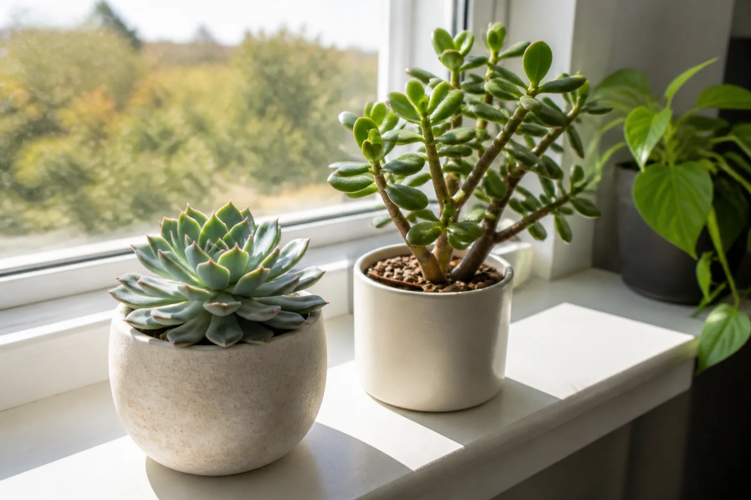 A jade plant and echeveria receiving bright winter light beside a window