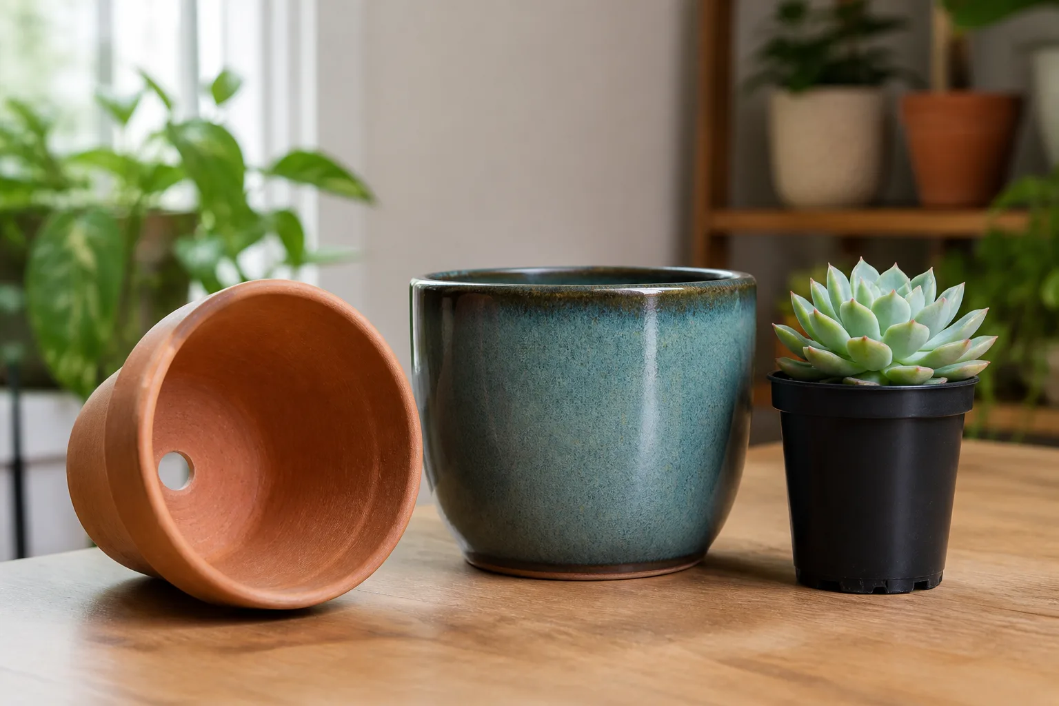 Succulents shown with a drainage pot, terracotta pot, and container setup for preventing winter wet