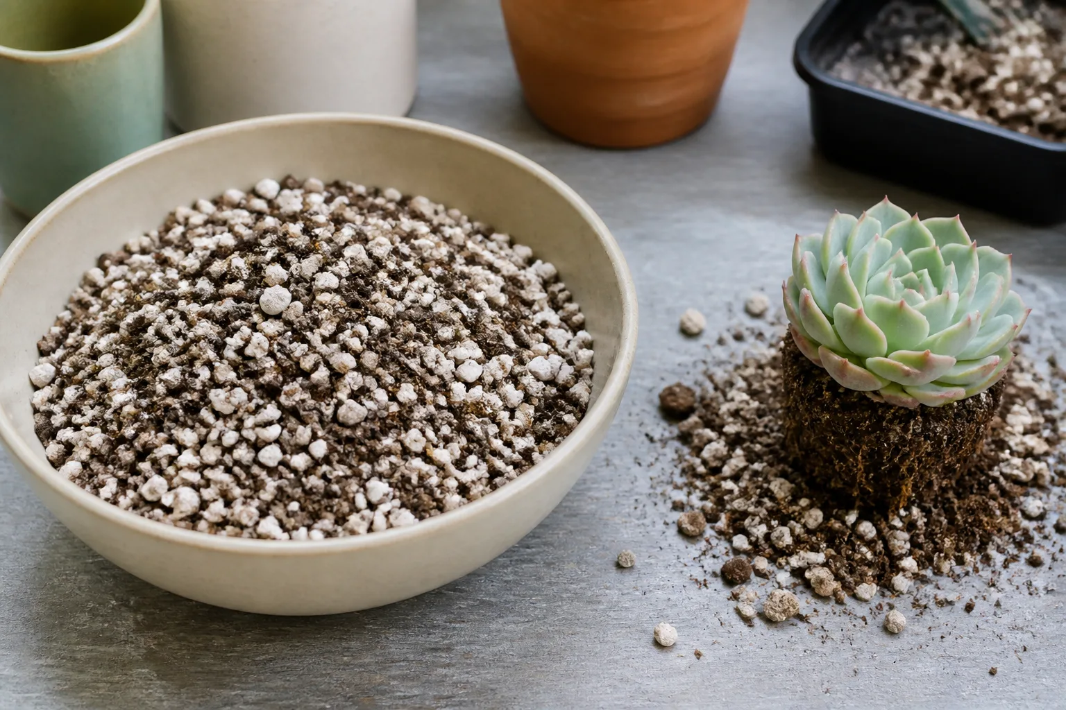 Gritty succulent potting mix in a container ready for jade plant repotting