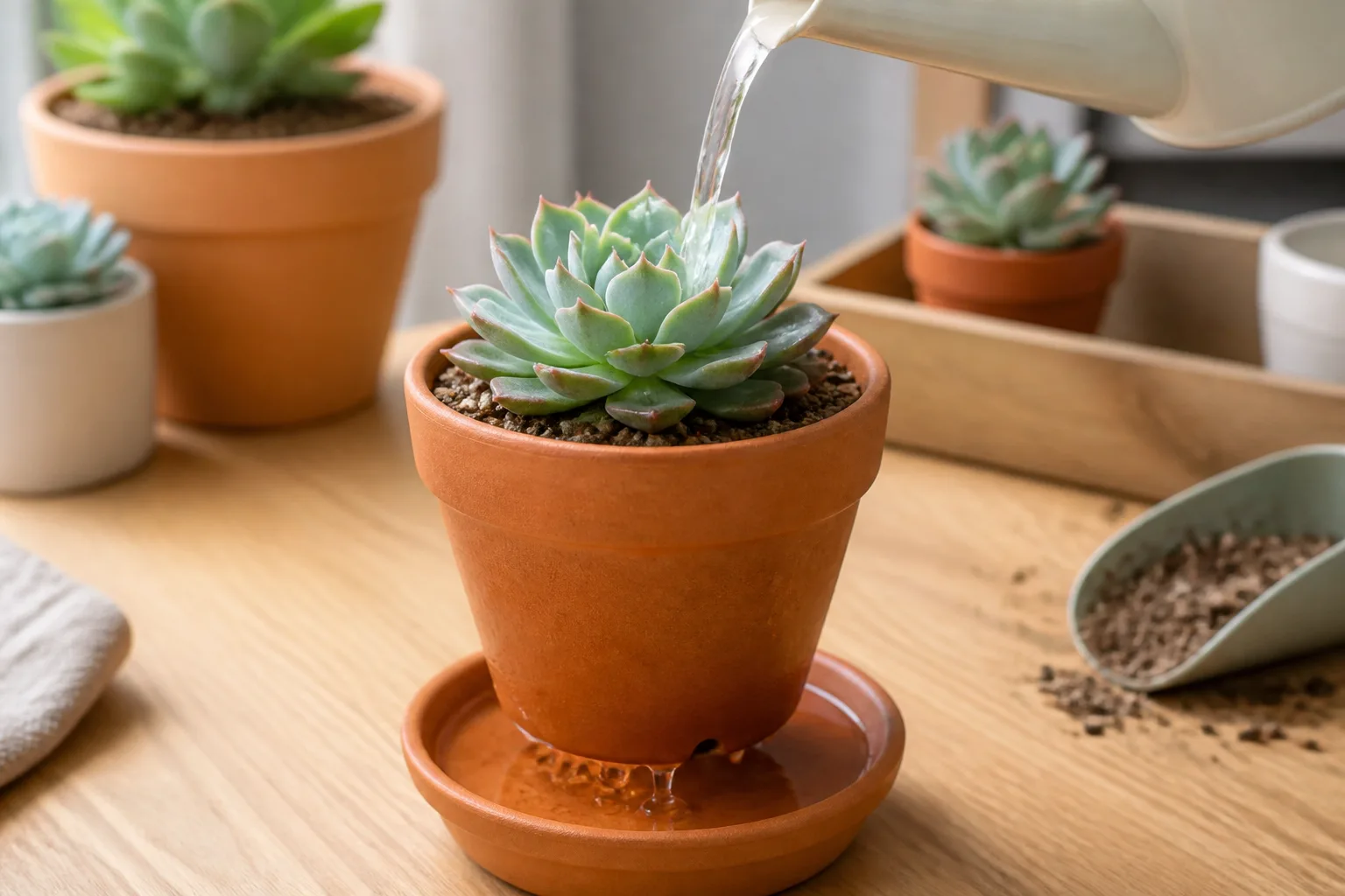 A succulent being watered thoroughly in a pot with a drainage hole
