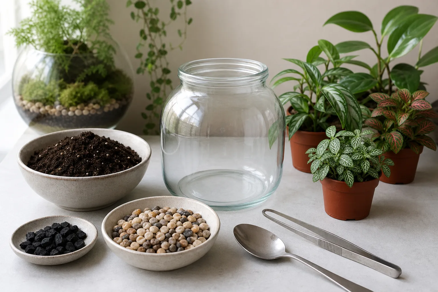 Terrarium materials laid out: jar, pebbles, charcoal, soil, and small plants