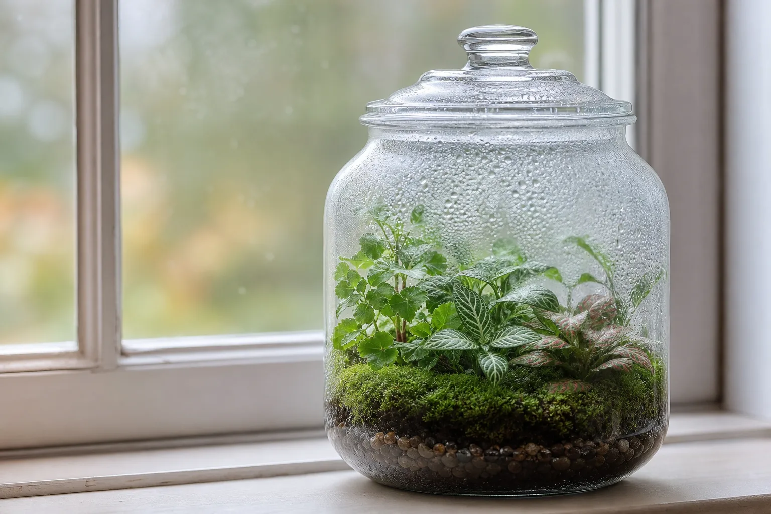 Light condensation on the inside of a closed glass terrarium