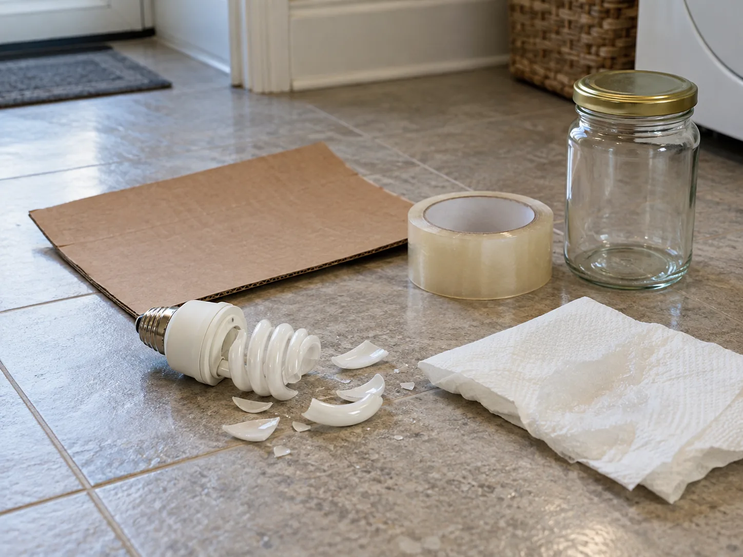 Broken CFL and household cleanup supplies arranged on a hard floor