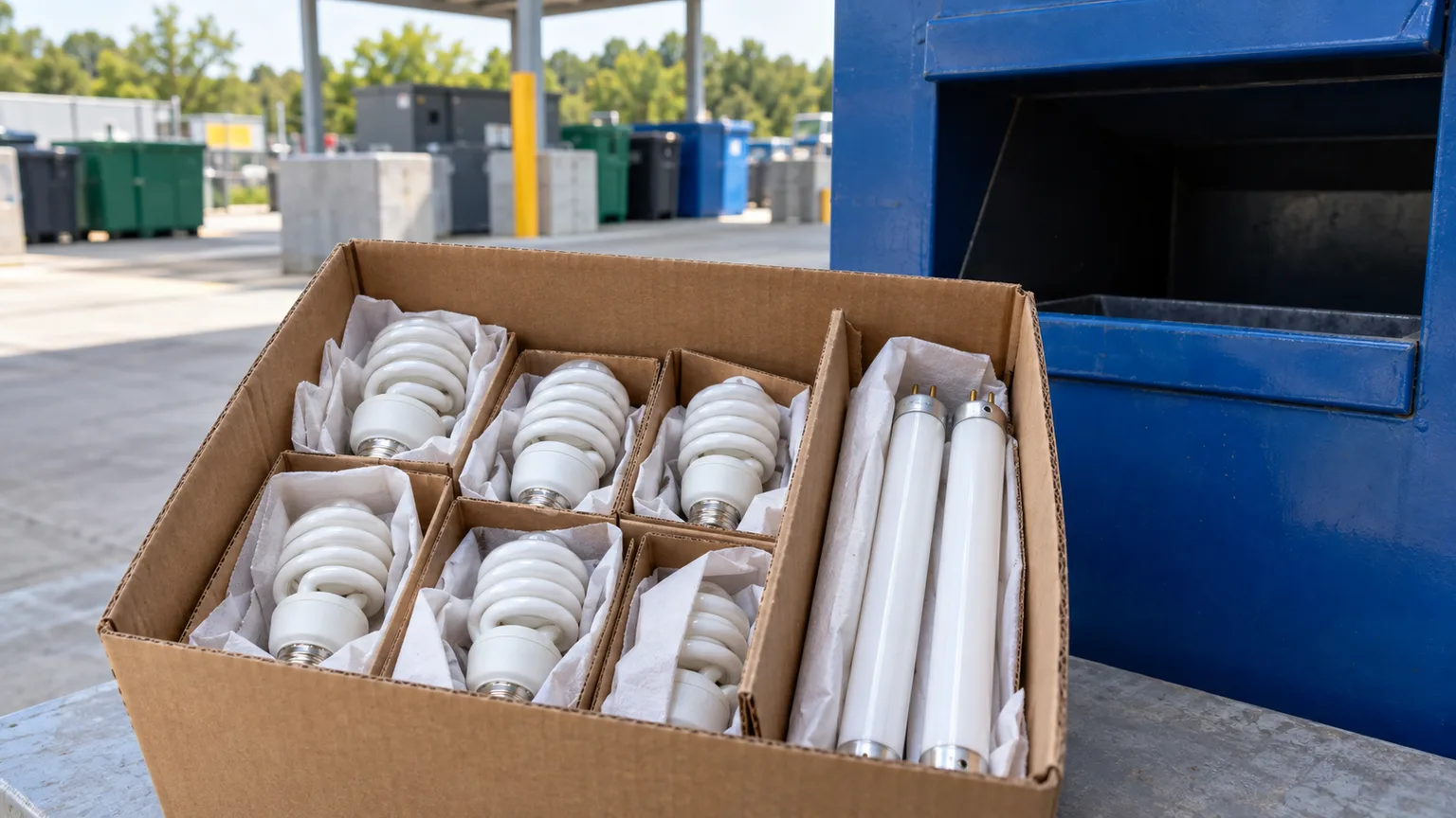 Intact CFL bulbs and fluorescent tubes secured in a box for a recycling drop-off