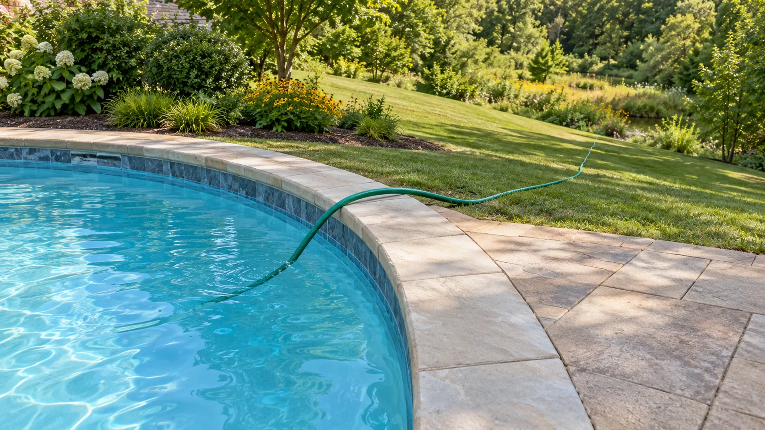 A garden hose siphoning water from a backyard pool toward a lower grassy outlet