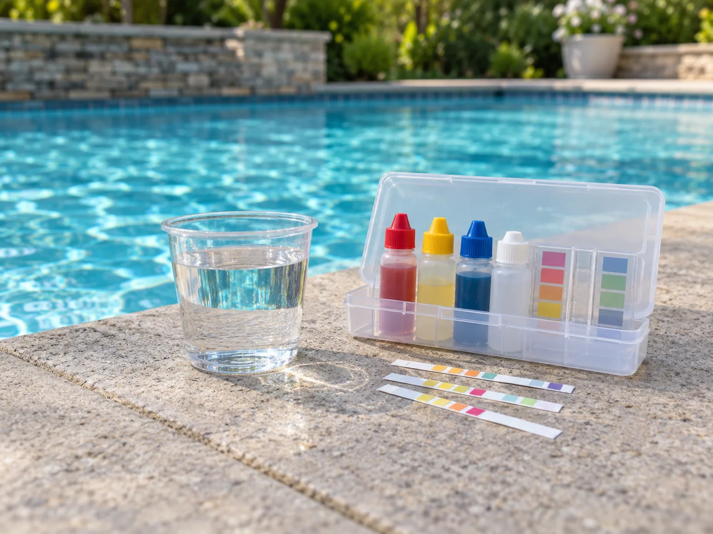A pool water test kit and sample cup beside a swimming pool before choosing a discharge route