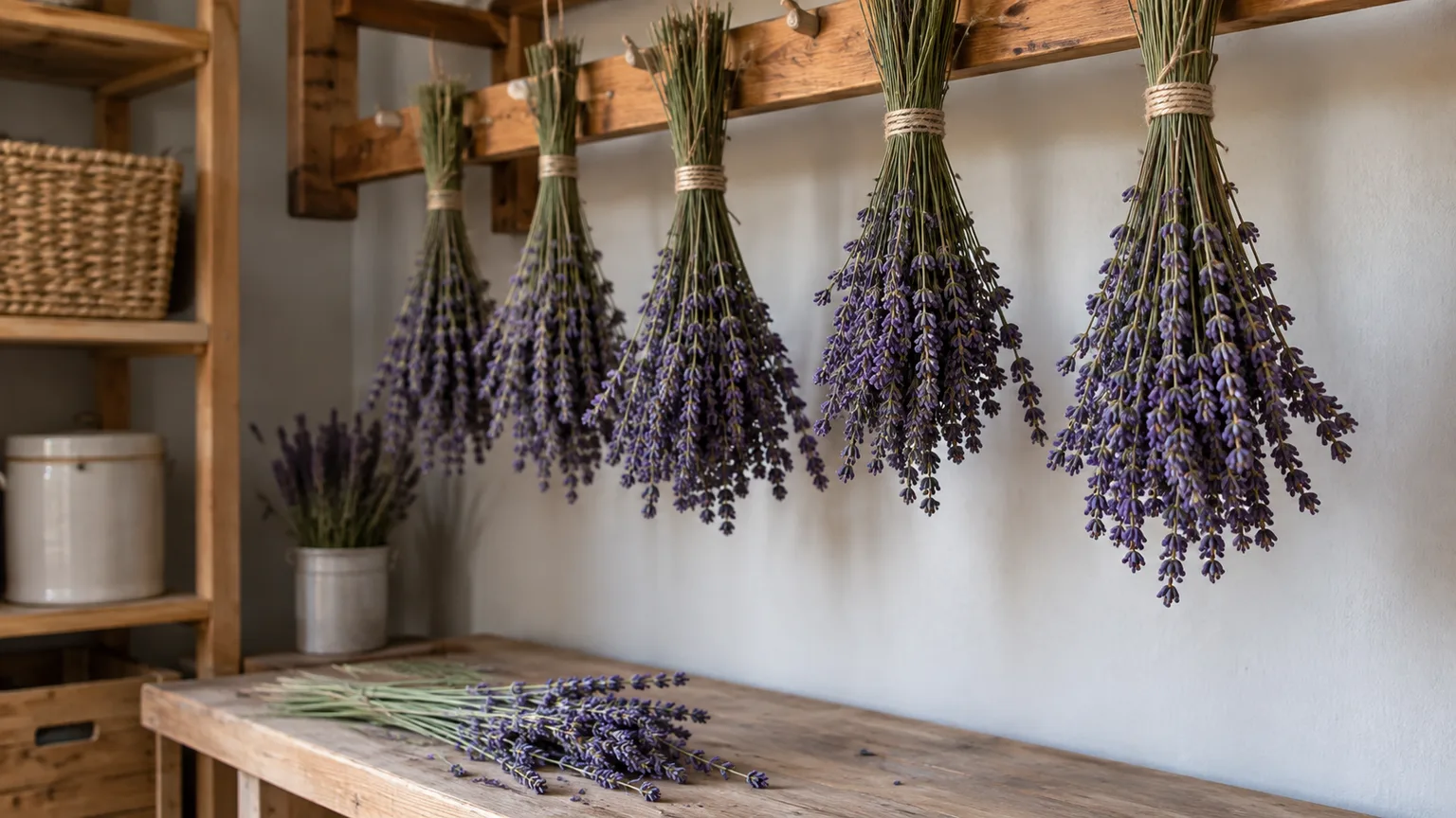 Small lavender bundles hanging upside down in a dry, airy space