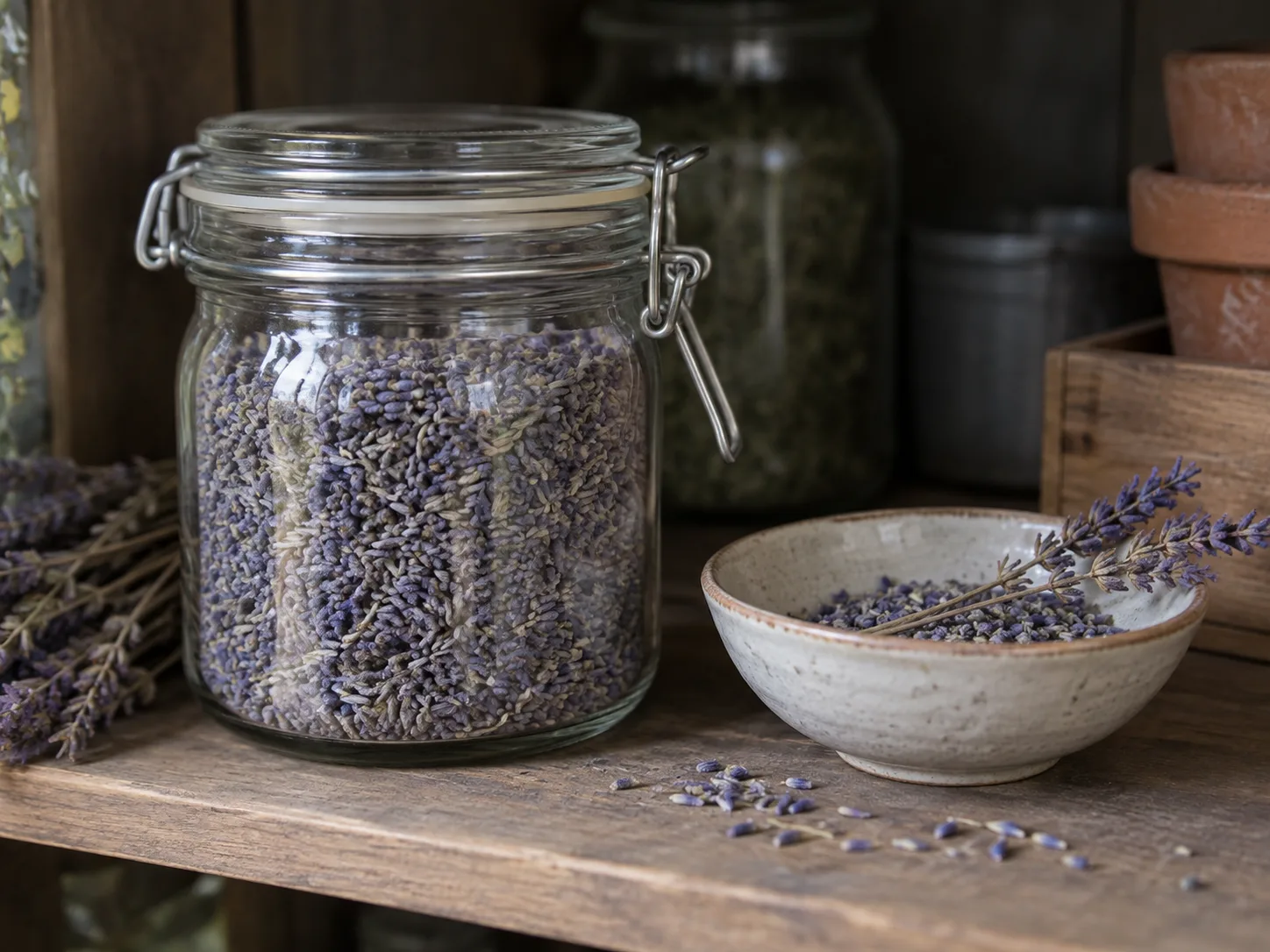 Dried lavender buds stored in an airtight glass jar beside a prepared stem