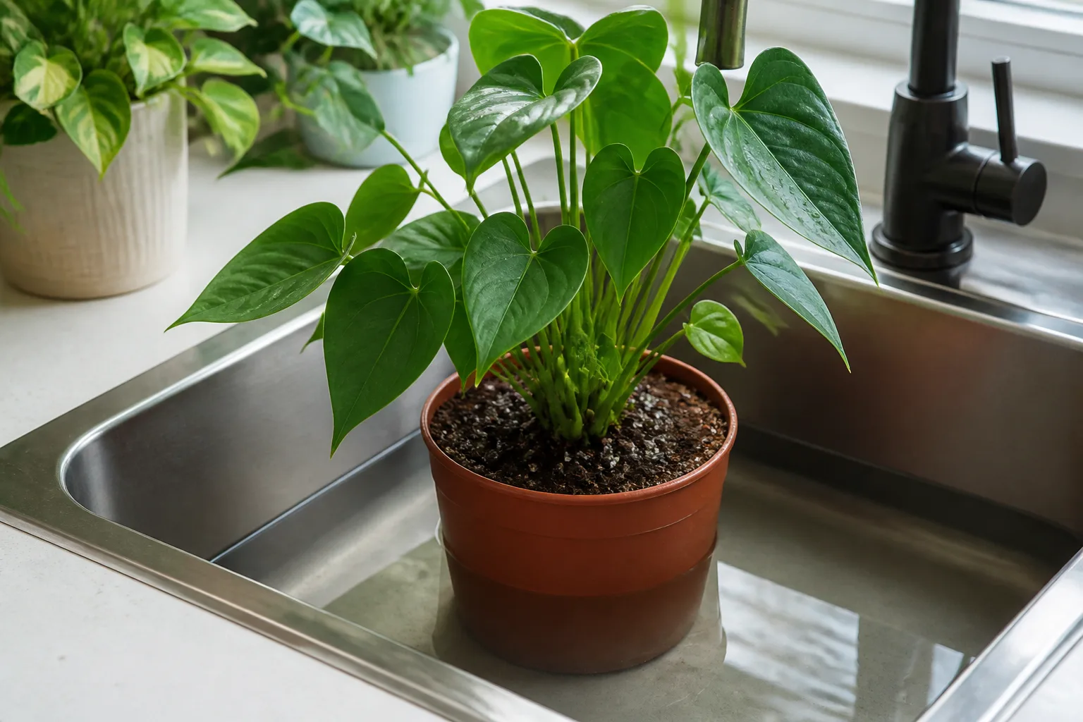 Houseplant nursery pot bottom watering in a shallow basin of water