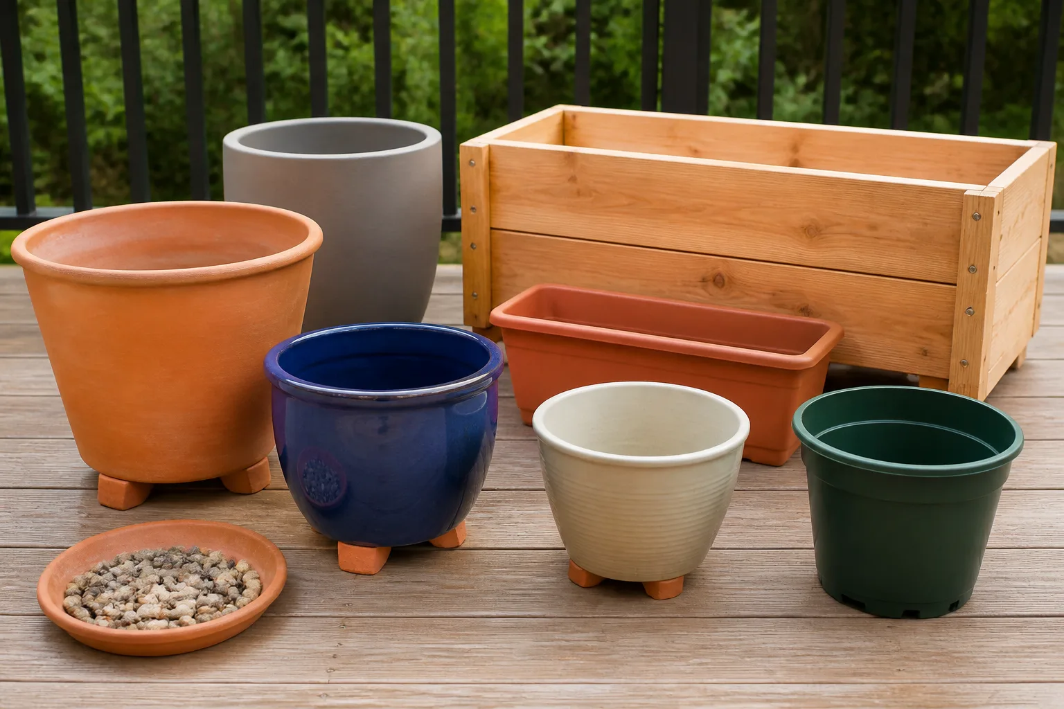 Container and raised-bed options arranged for a small patio vegetable garden