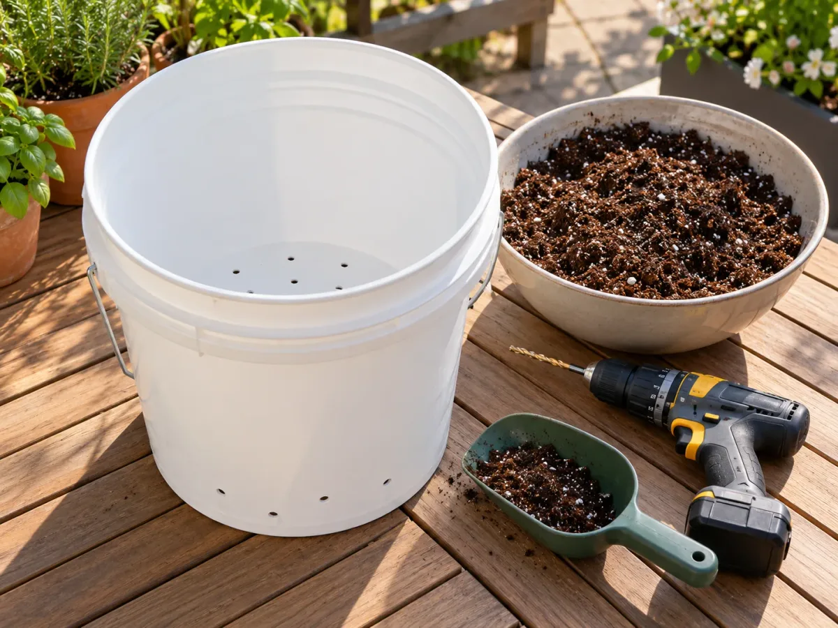 An empty container with clear drainage holes beside potting mix and a drill