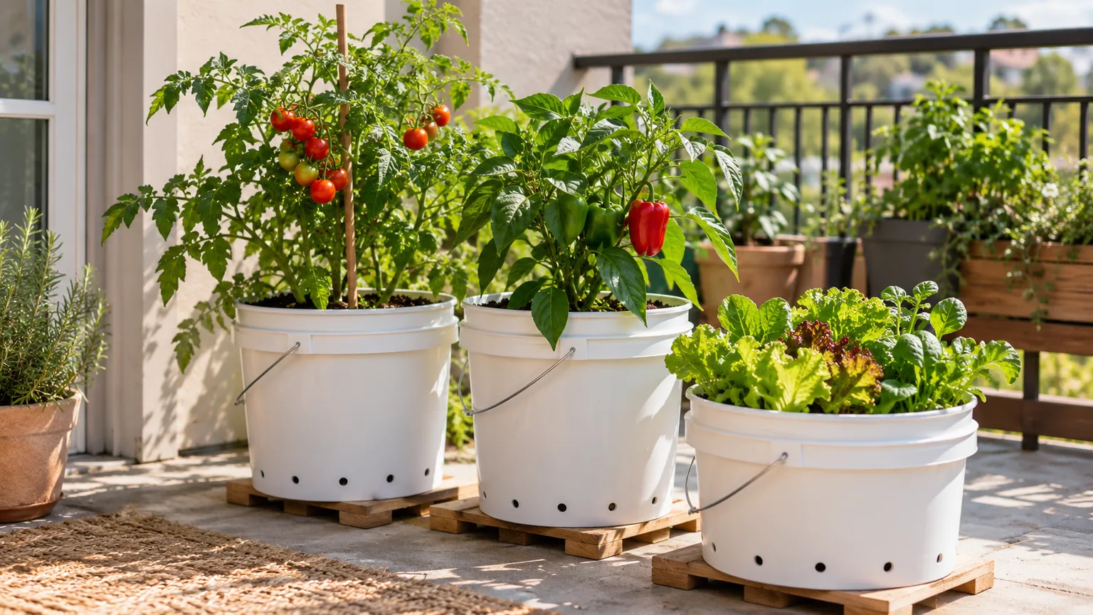 Food-safe buckets of tomatoes, peppers, and greens growing on a sunny patio