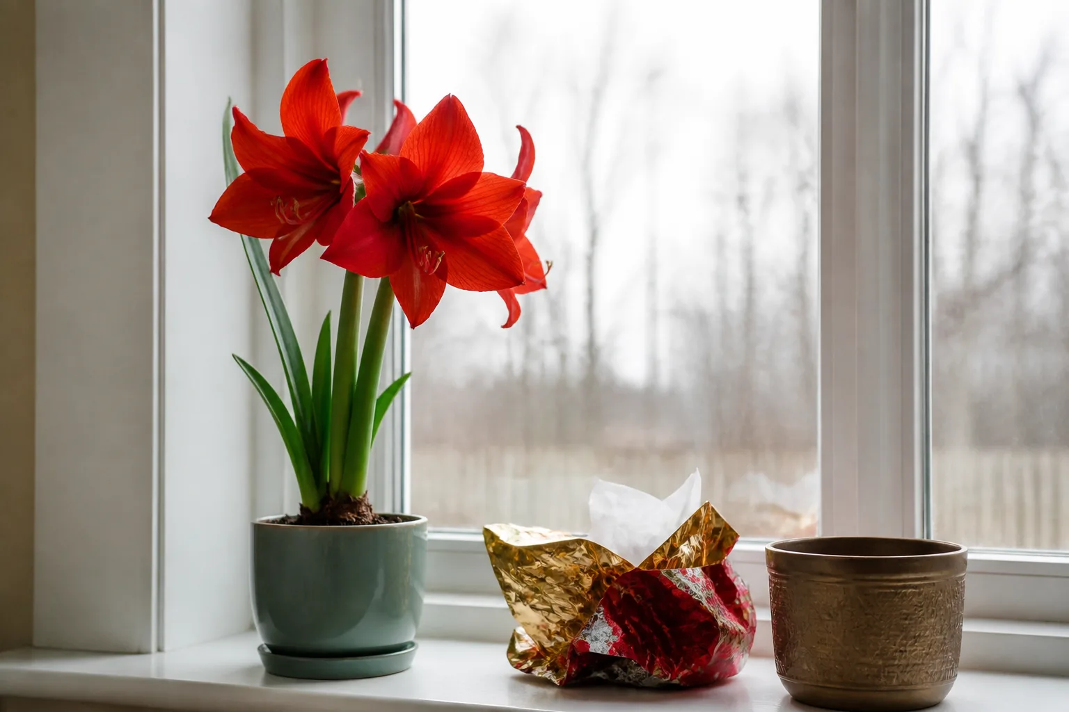 Red amaryllis blooming in a pot beside a wrapped holiday bulb gift