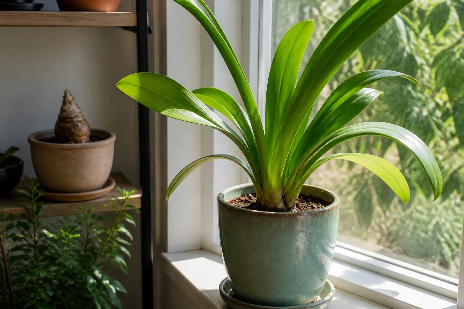Potted amaryllis entering a rebloom cycle in a bright window