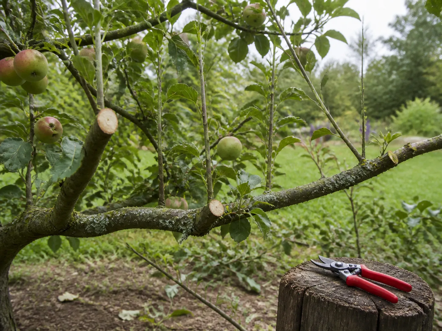 Apple tree canopy opened by selective pruning to improve light and fruit set