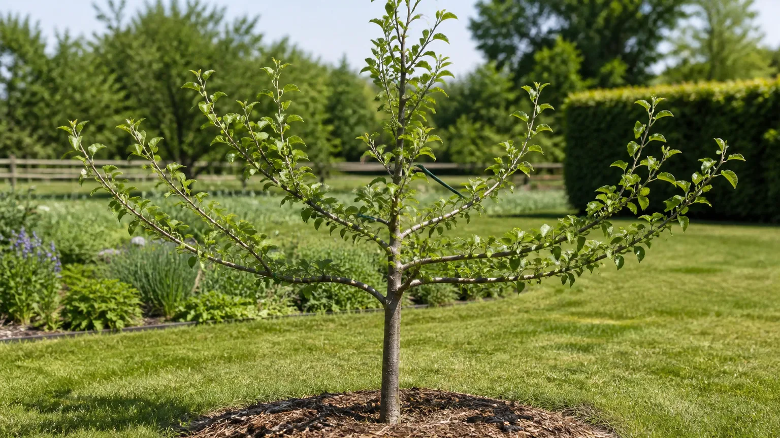 Young apple tree trained to an open center for earlier flowering and easier harvest