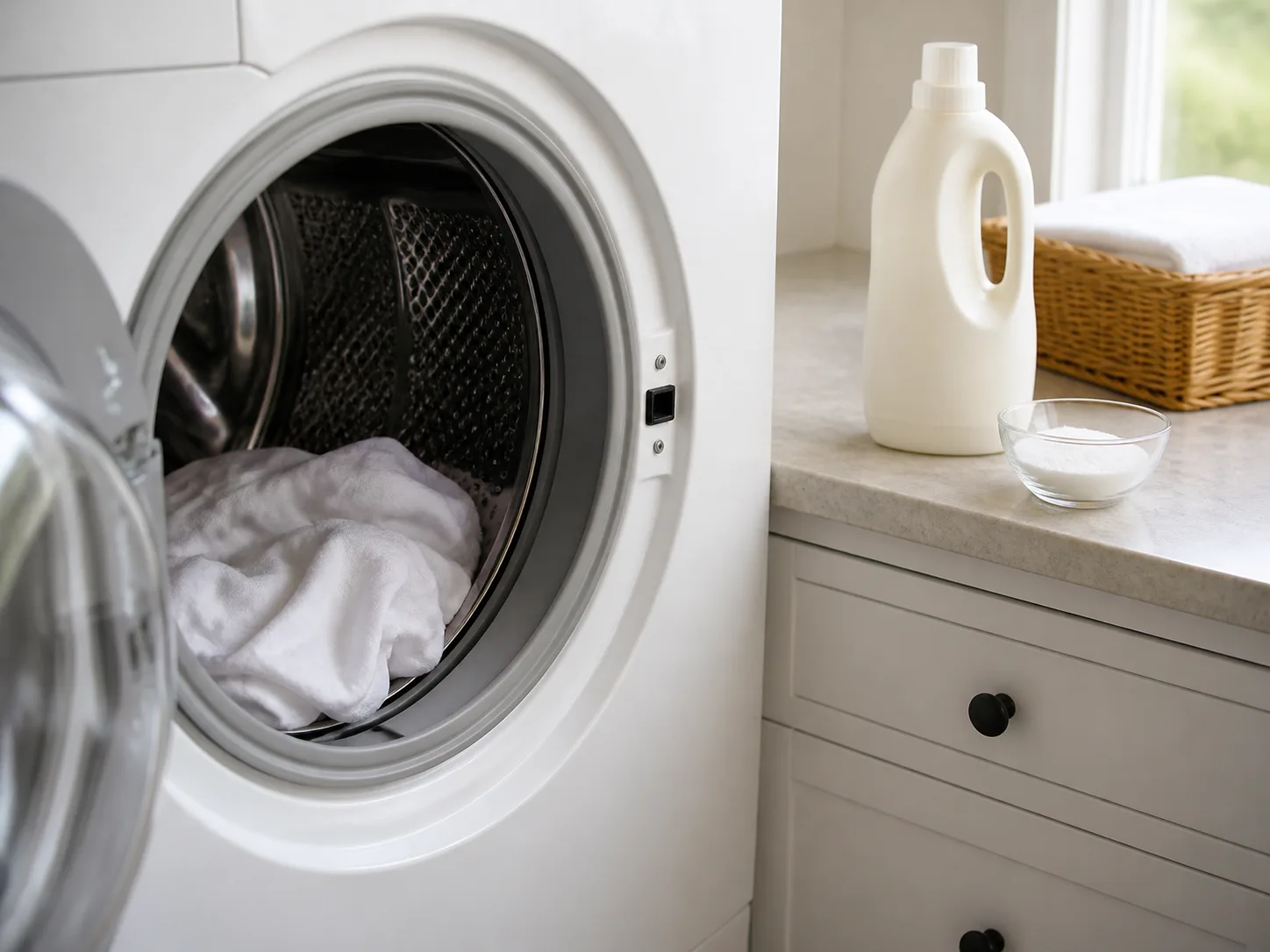 Open front-loading washer beside laundry detergent for treating a clothing stain