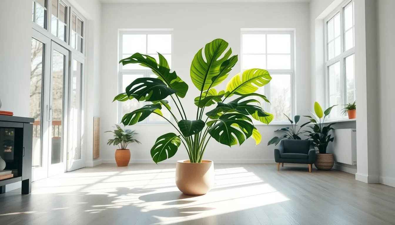 Monstera deliciosa on moss pole in bright indirect light—the setup that supports mature fenestration