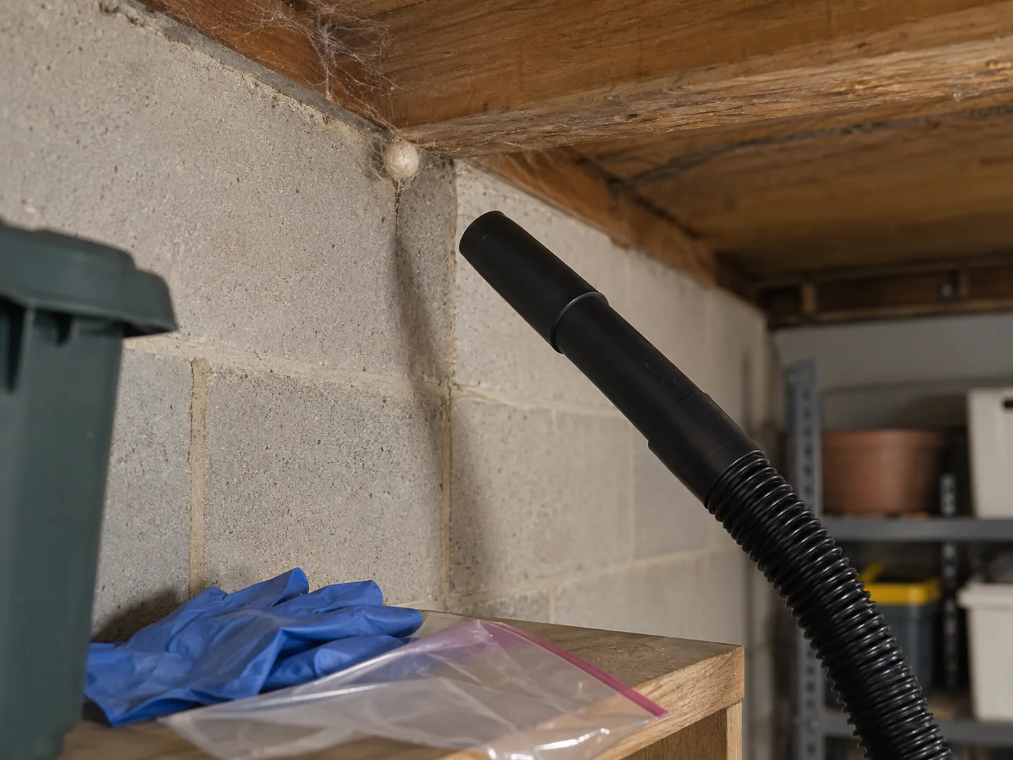 A vacuum hose removing a spider egg sac and web from a high basement corner