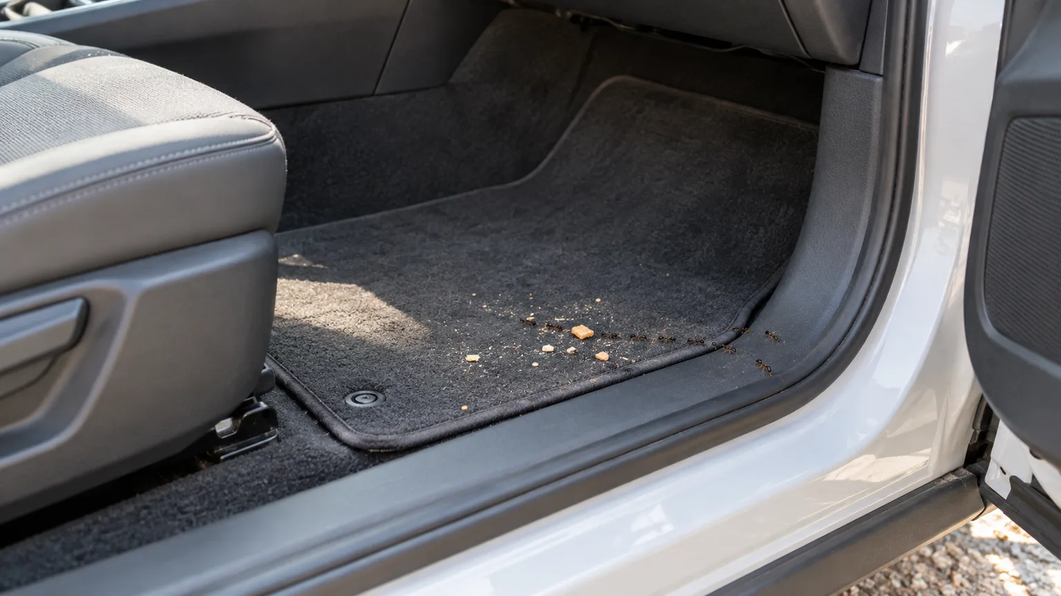 Small ant trail crossing snack crumbs on a car floor mat near an open passenger door