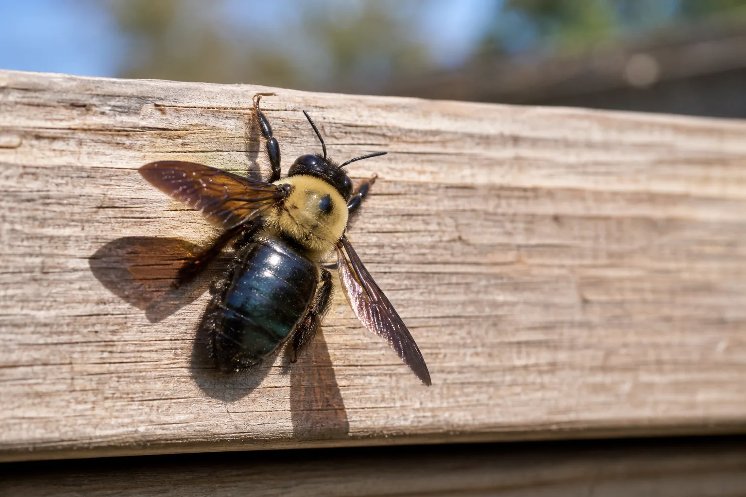 Close-up of a carpenter bee with a shiny abdomen resting on weathered wood