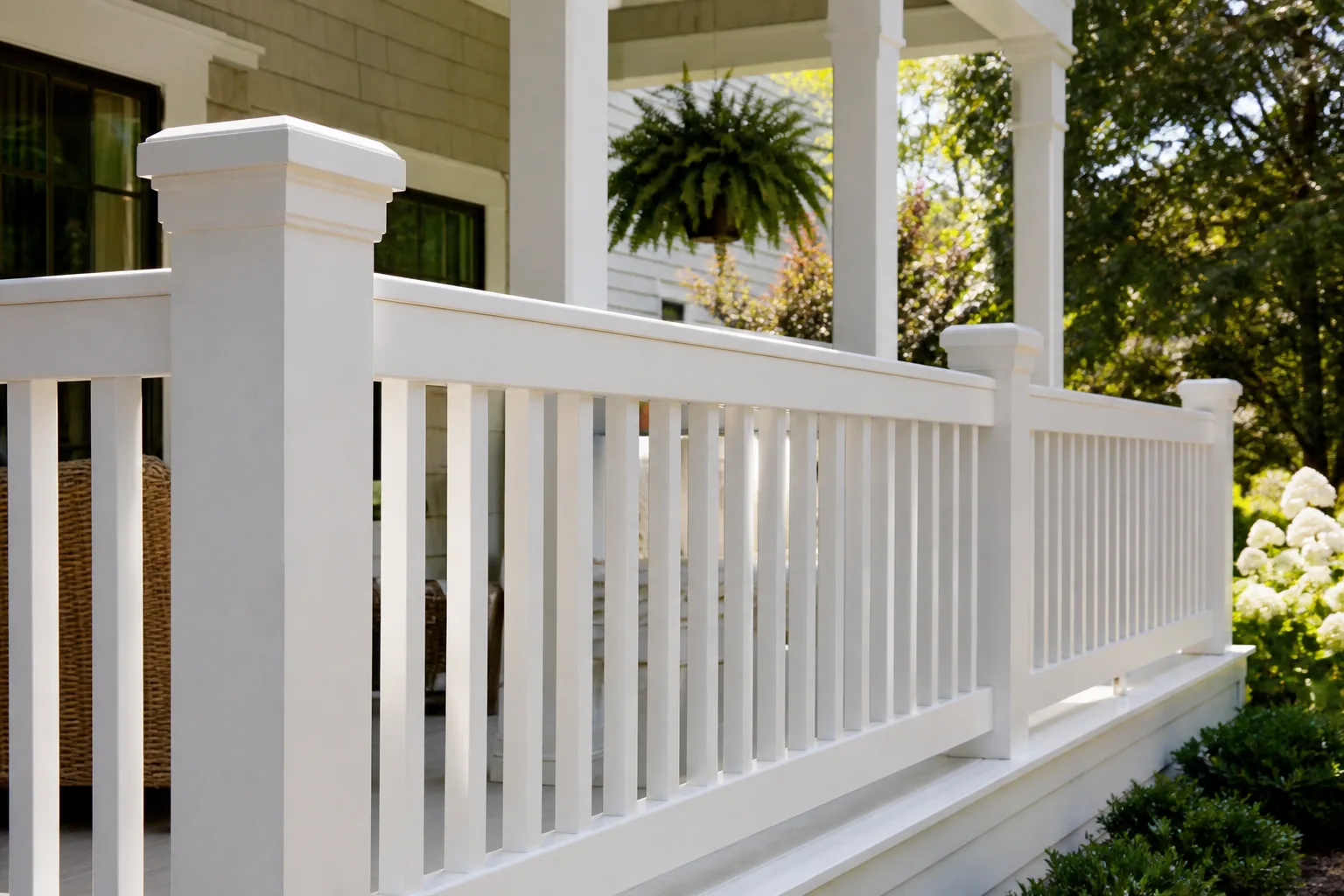 Freshly painted exterior wooden railing with protected surfaces in a sunny garden setting