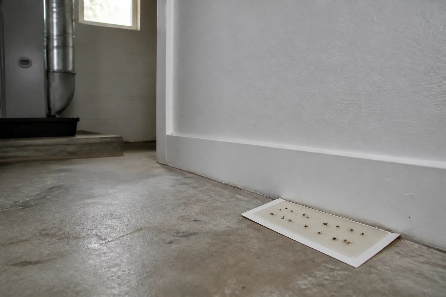Double-sided sticky tape on cardboard under a floor lamp for an insect monitoring trap