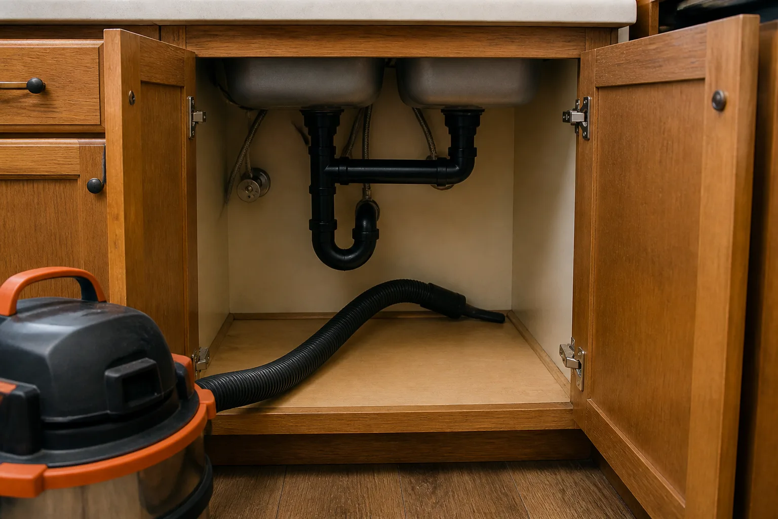A shop vacuum positioned to reach a hidden cricket under a cabinet