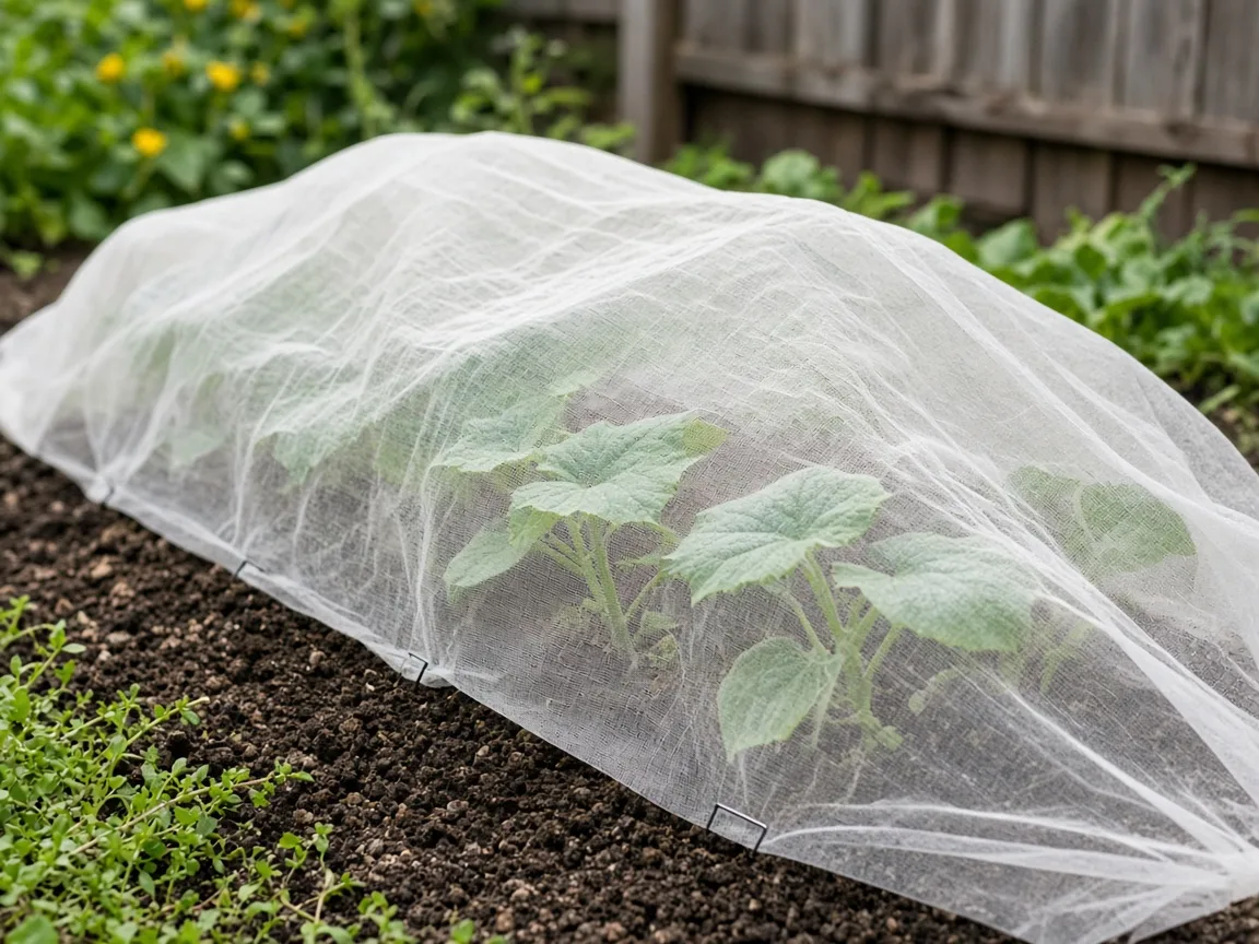 Lightweight row cover secured over young zucchini plants before flowering
