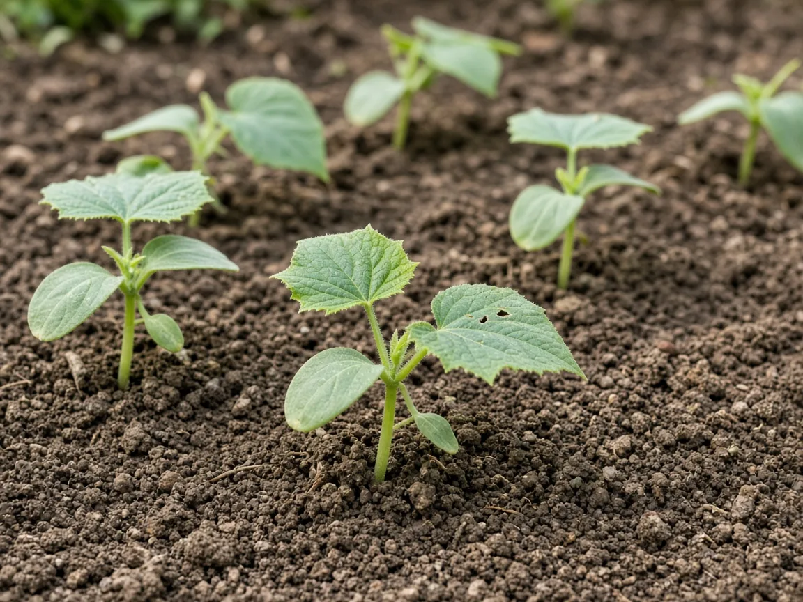 Young cucurbit seedlings with small holes in tender leaves
