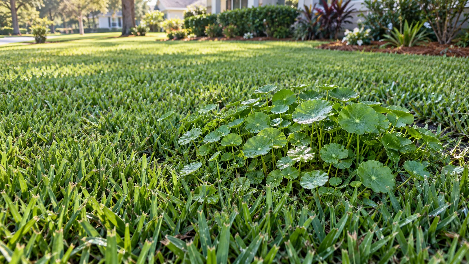 A patch of round-leaved dollarweed spreading across healthy St. Augustine grass