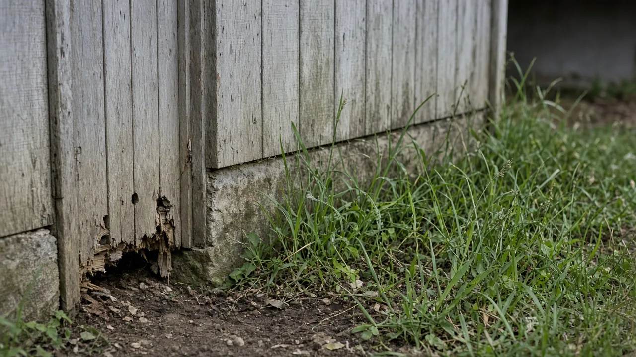 Mouse-sized opening beneath a weathered shed wall beside grass