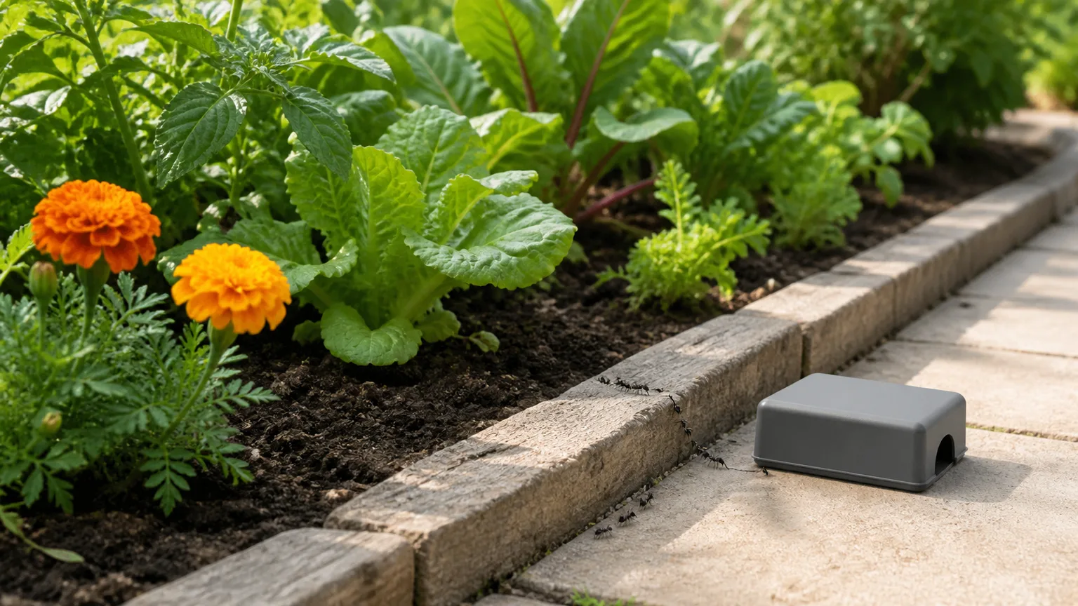 Outdoor ant trail beside a garden bed and targeted bait station