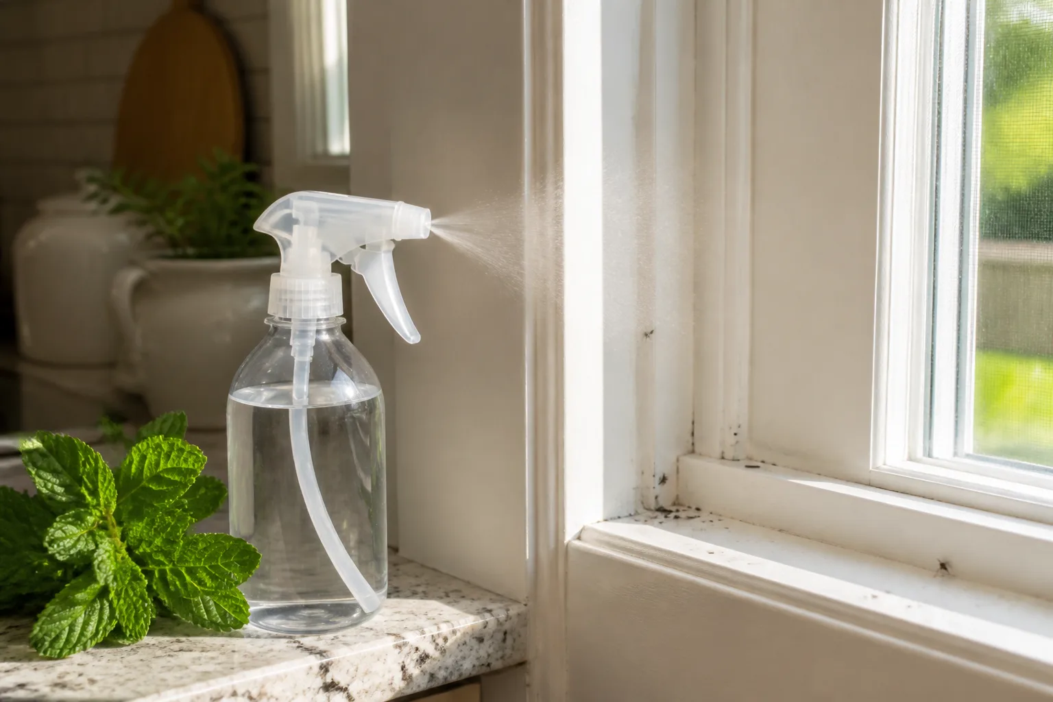 Clear spray bottle and mint beside an ant trail at a kitchen window