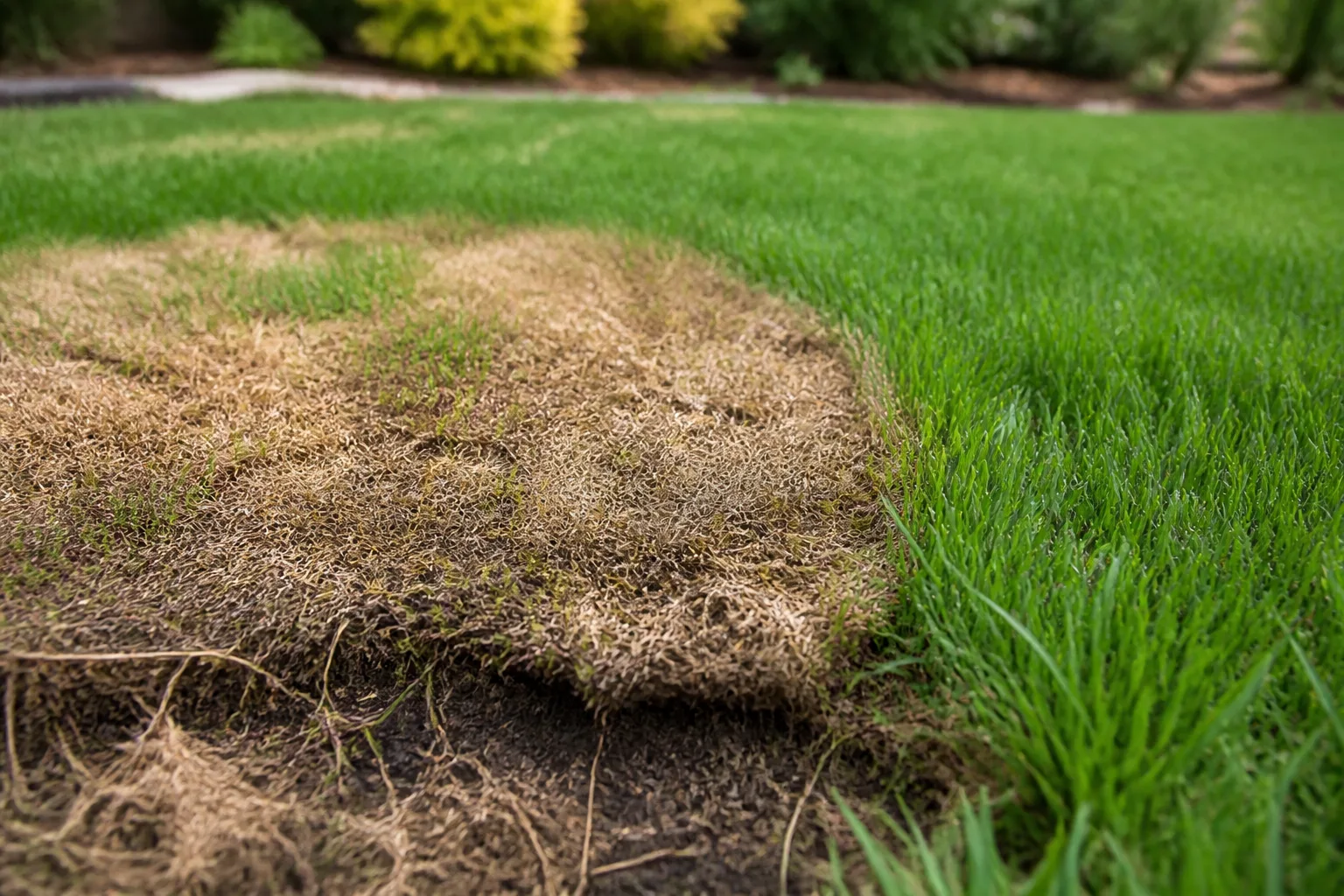 Irregular brown dead patch in residential turfgrass beside healthy green lawn
