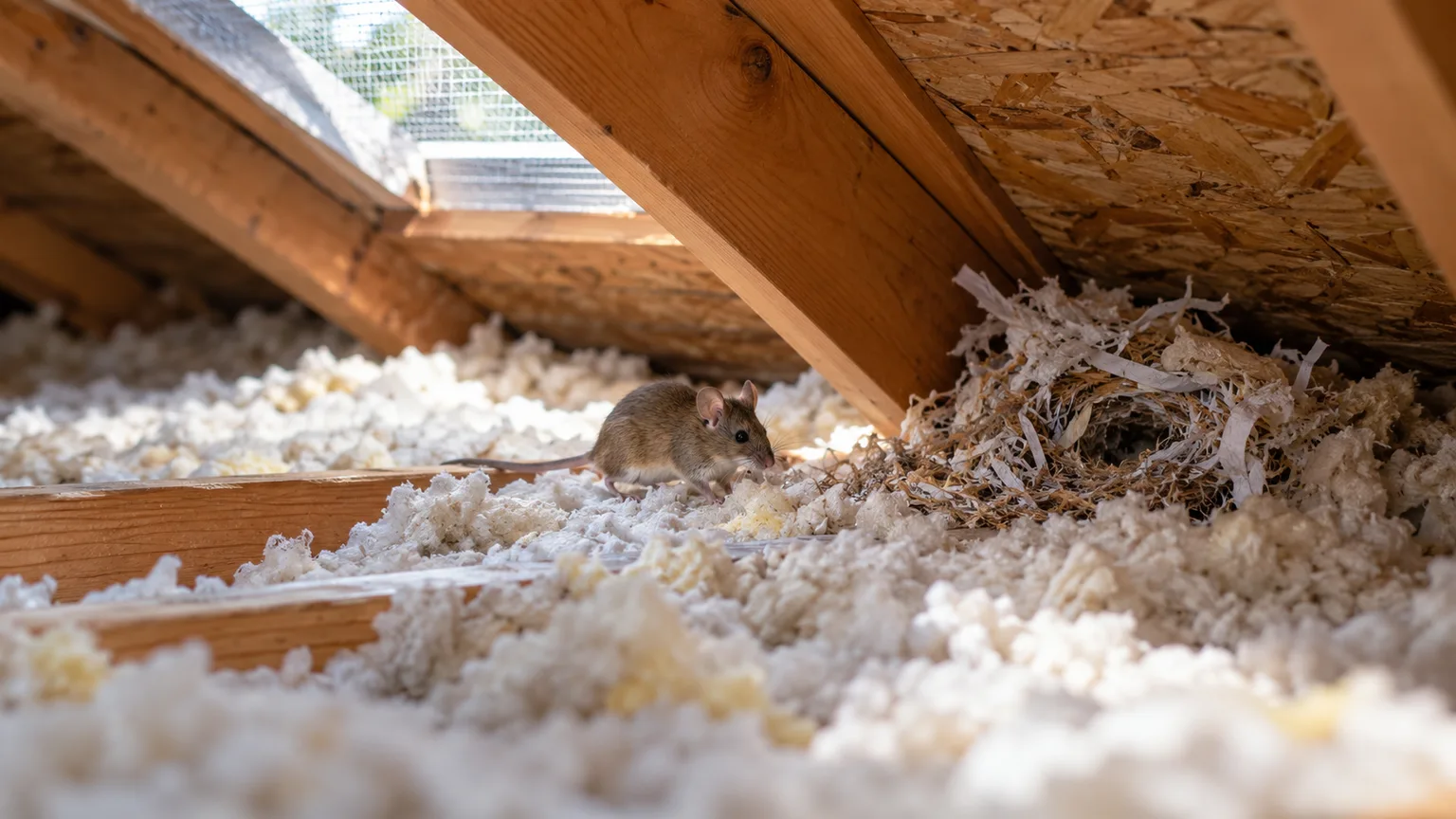 A mouse beside nesting material between attic rafters.