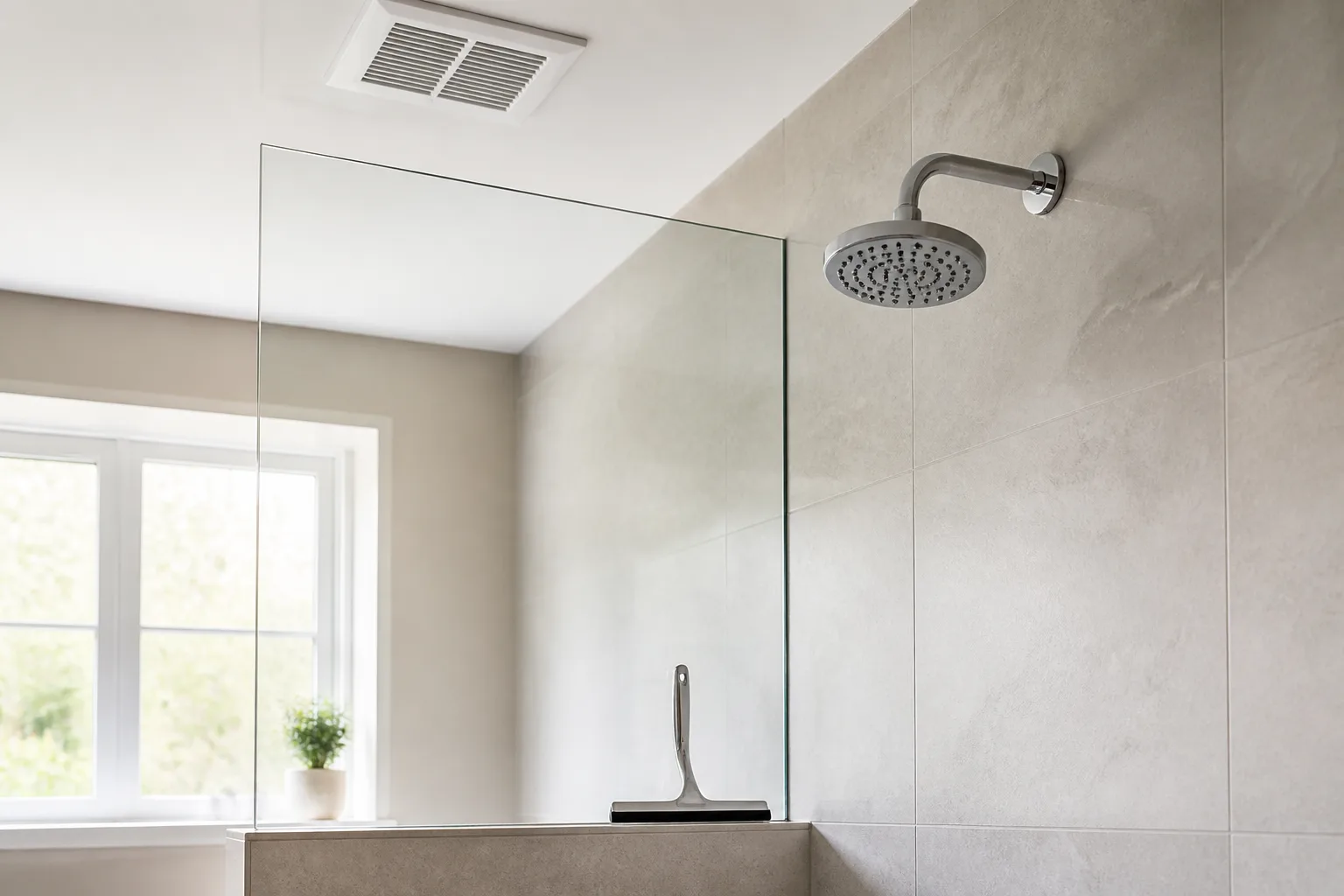 A dry shower with an exhaust fan and squeegee ready for after-shower cleanup